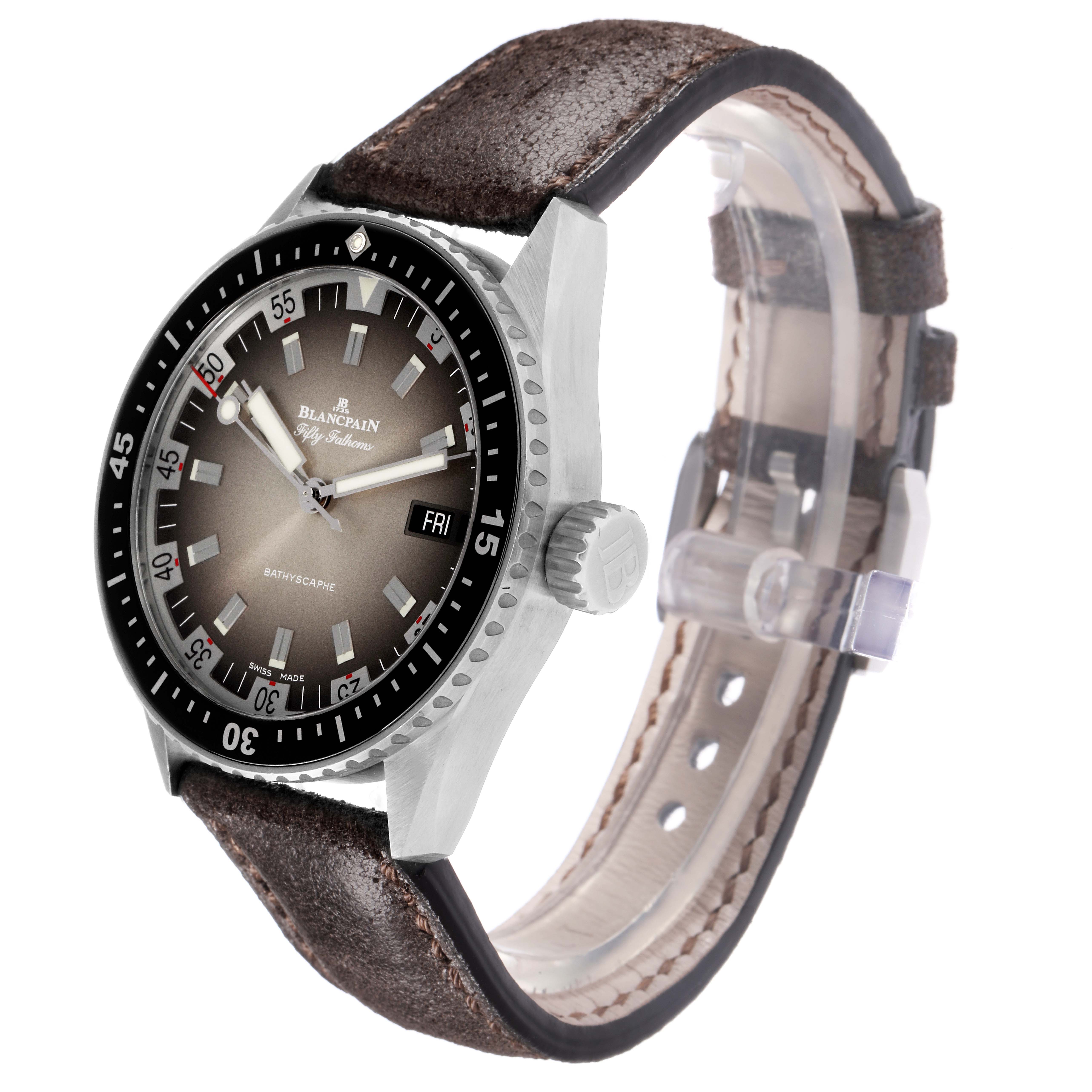 The Blancpain Fifty Fathoms model 5052-1110-63A is shown at a three-quarter angle, highlighting the dial, bezel, crown, and brown leather strap.