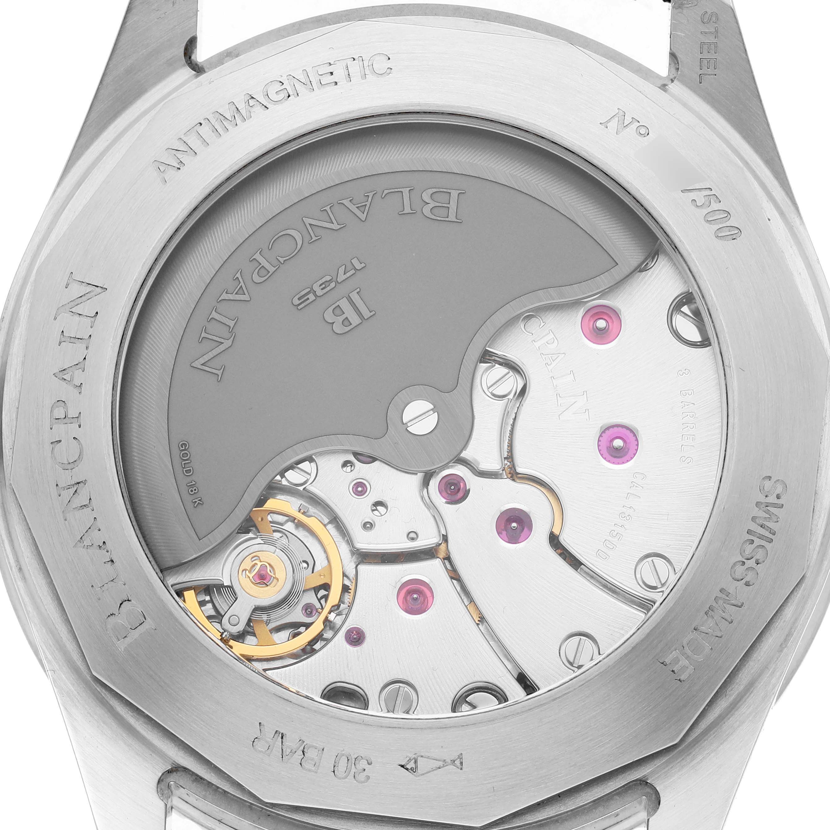 The image shows the back of the Blancpain Fifty Fathoms watch, model number 5052-1110-63A, highlighting its intricate movement and rotor.