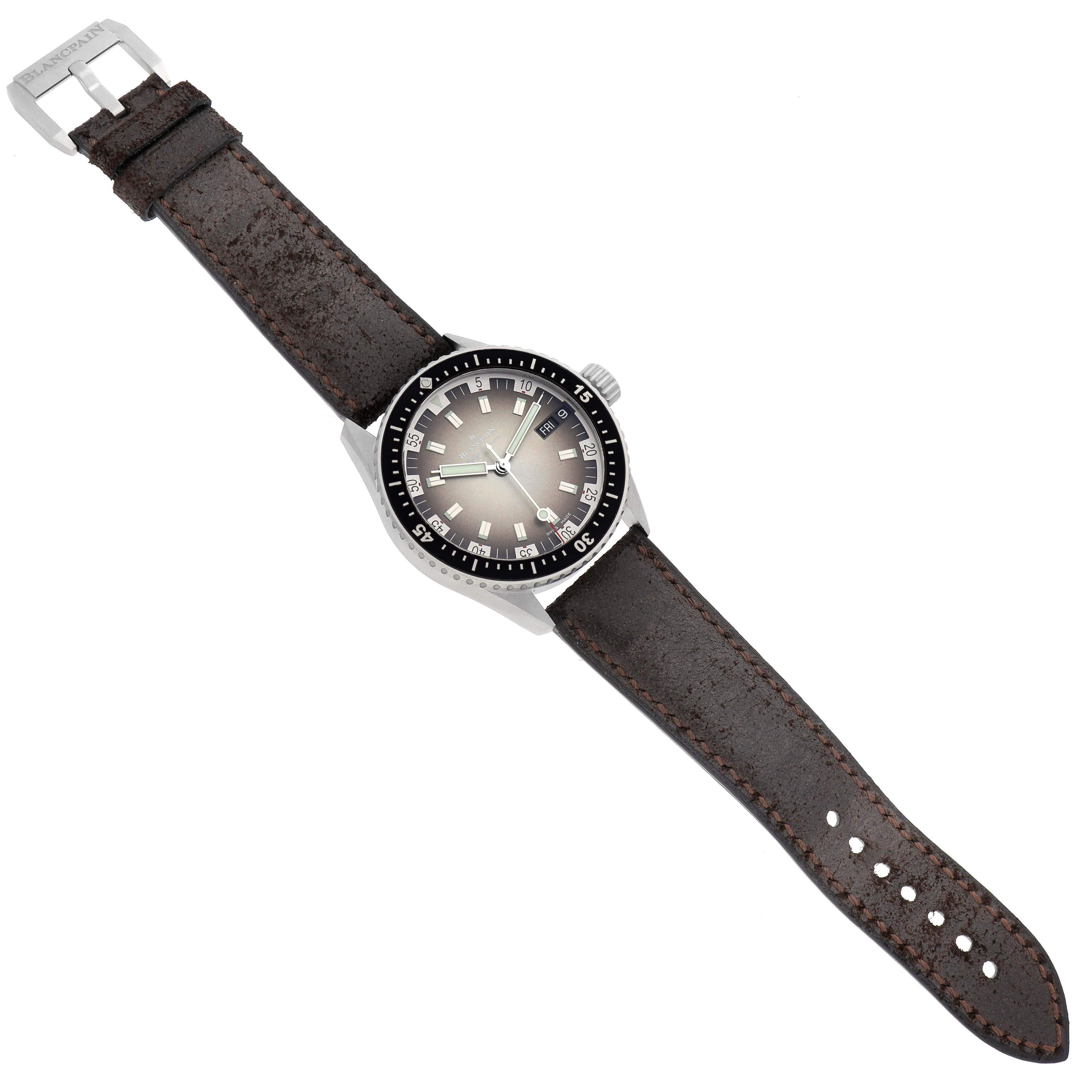 The Blancpain Fifty Fathoms model 5052-1110-63A is shown at an angled top view, displaying the watch face, bezel, crown, and strap in full length.