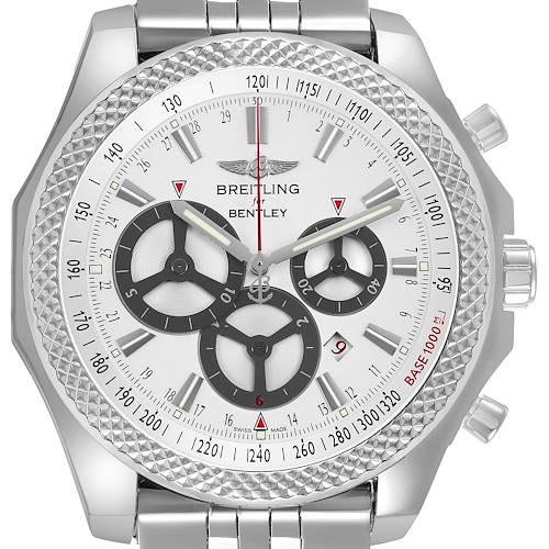 The image shows a frontal view of the Breitling Bentley A25366 / A259G32FL Men's Stainless Steel Silver Dial watch, highlighting the dial, bezel, subdials, and bracelet.