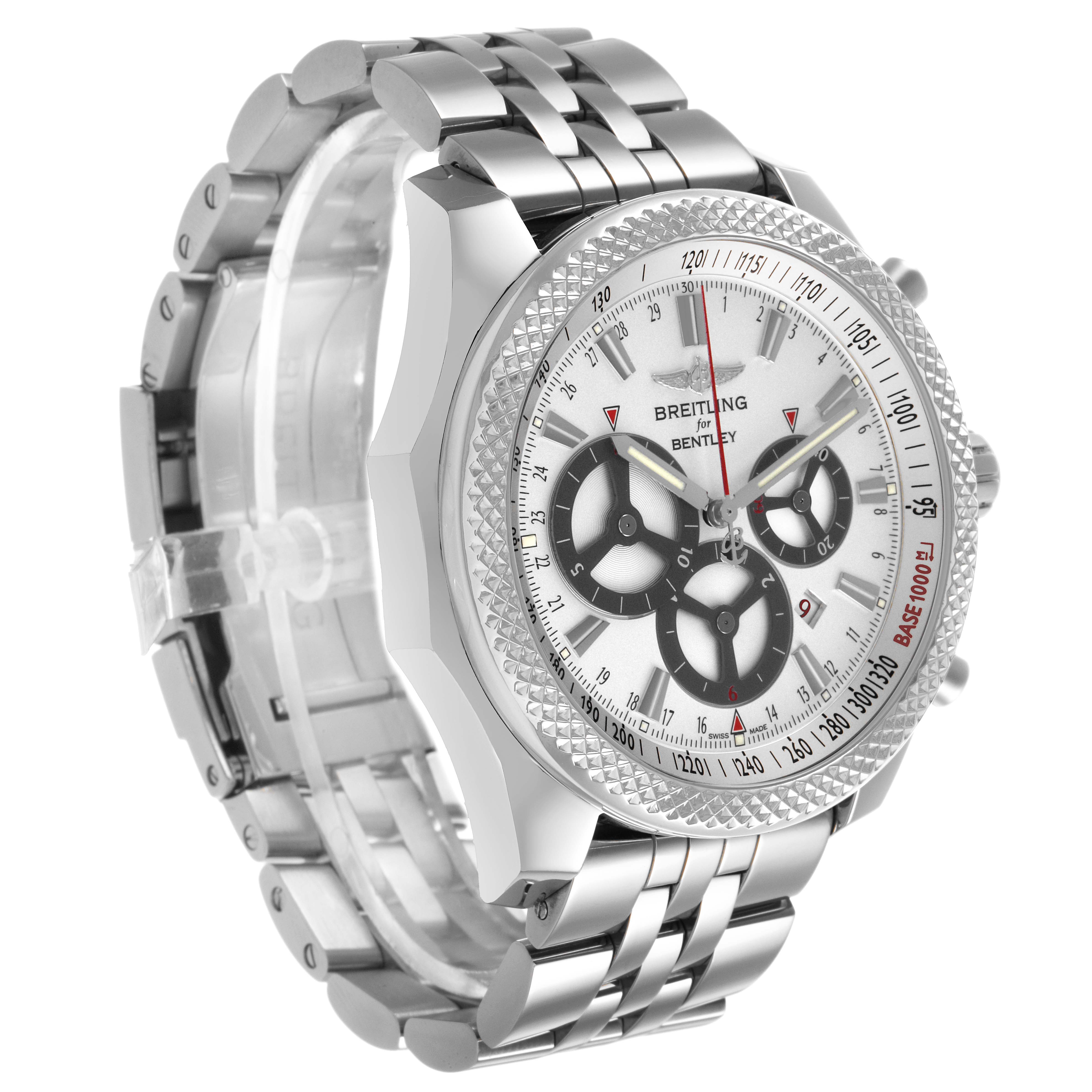 The Breitling Bentley A25366 / A259G32FL Men's Stainless Steel Silver Dial watch is shown at a three-quarter angle, highlighting the bezel, dial, and metal bracelet.