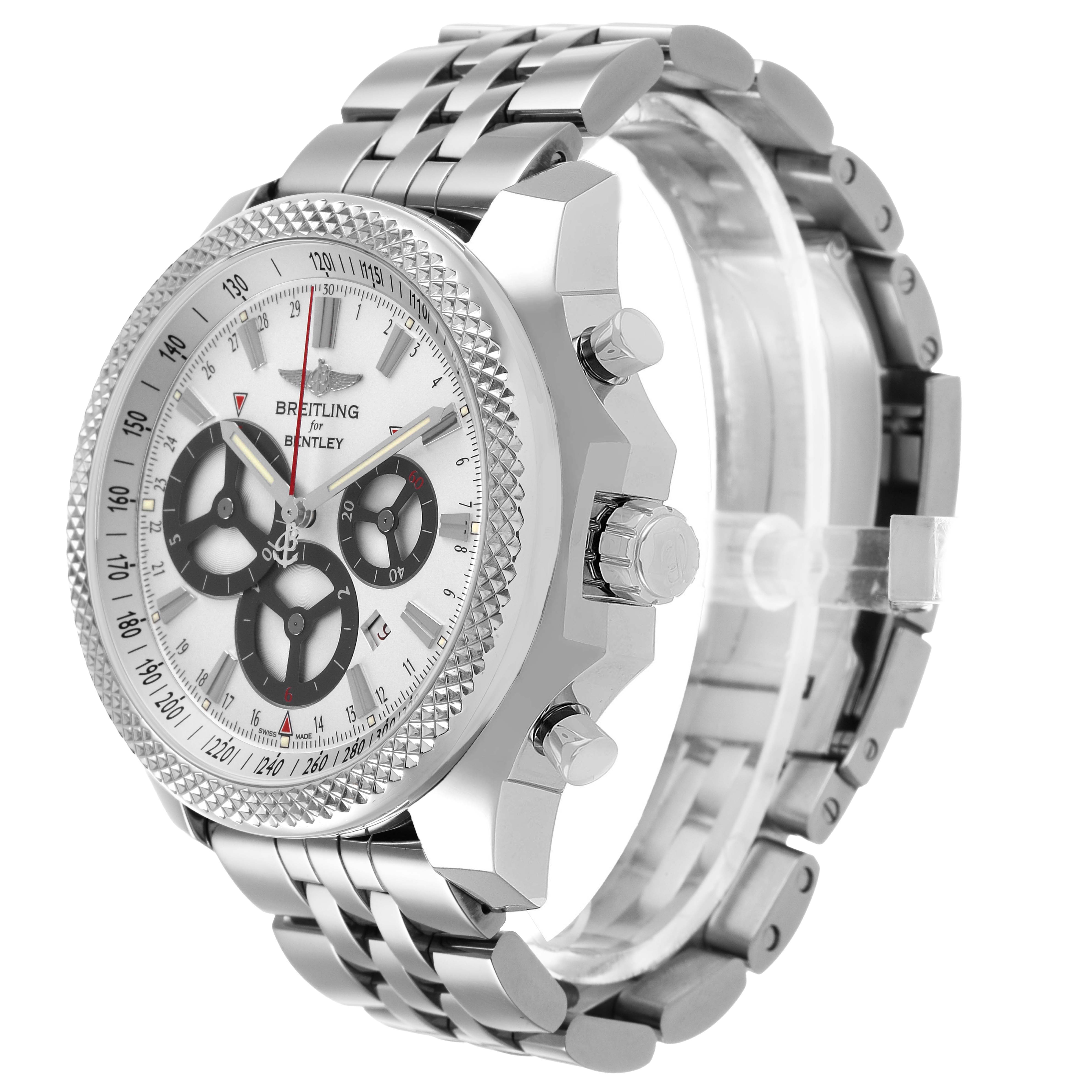 The Breitling Bentley A25366 / A259G32FL Men's Stainless Steel Silver Dial watch is shown from a three-quarter angle displaying the face, bezel, crown, pushers, and bracelet.