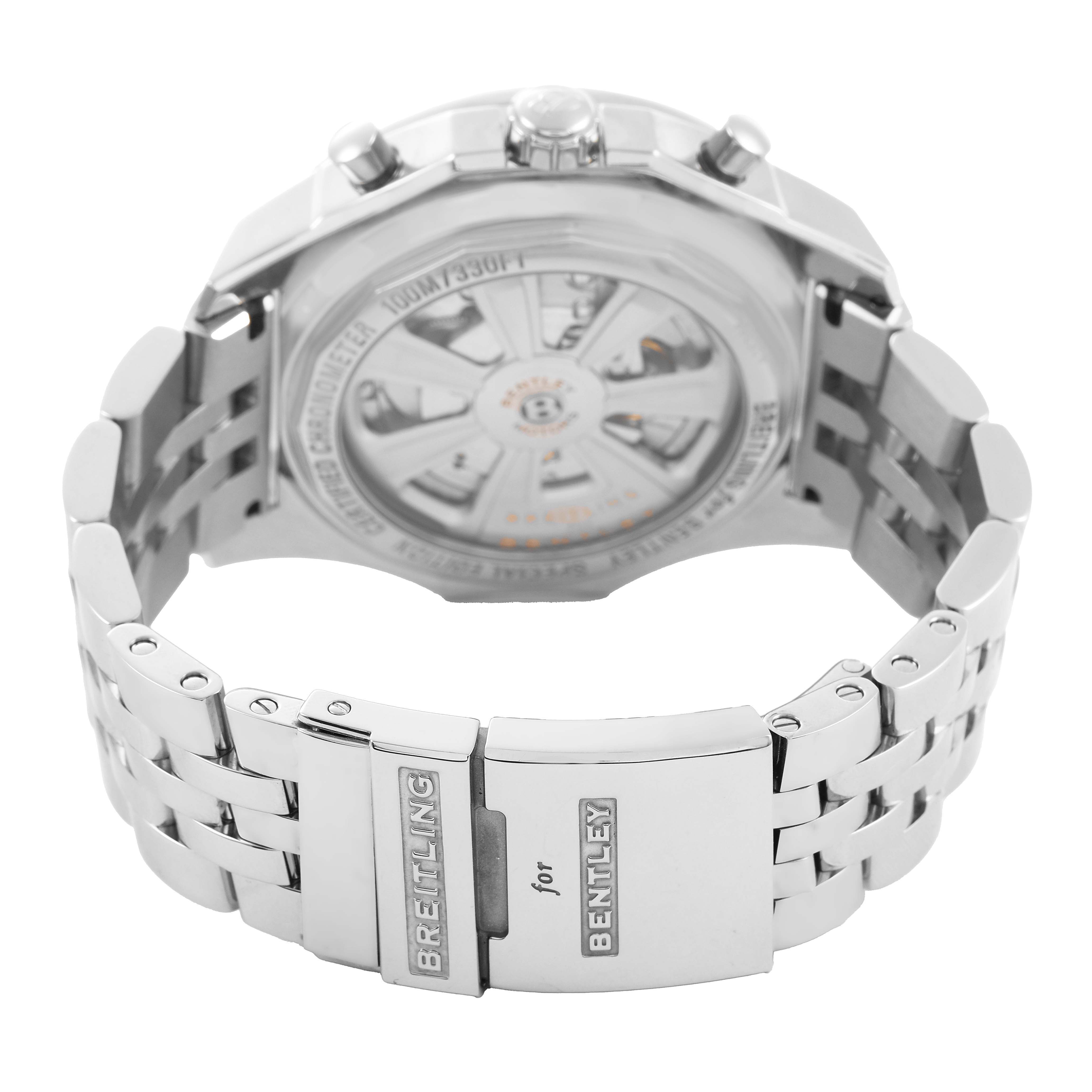 The image shows the back and clasp of a Bentley model by Breitling, detailing the bracelet and case back.