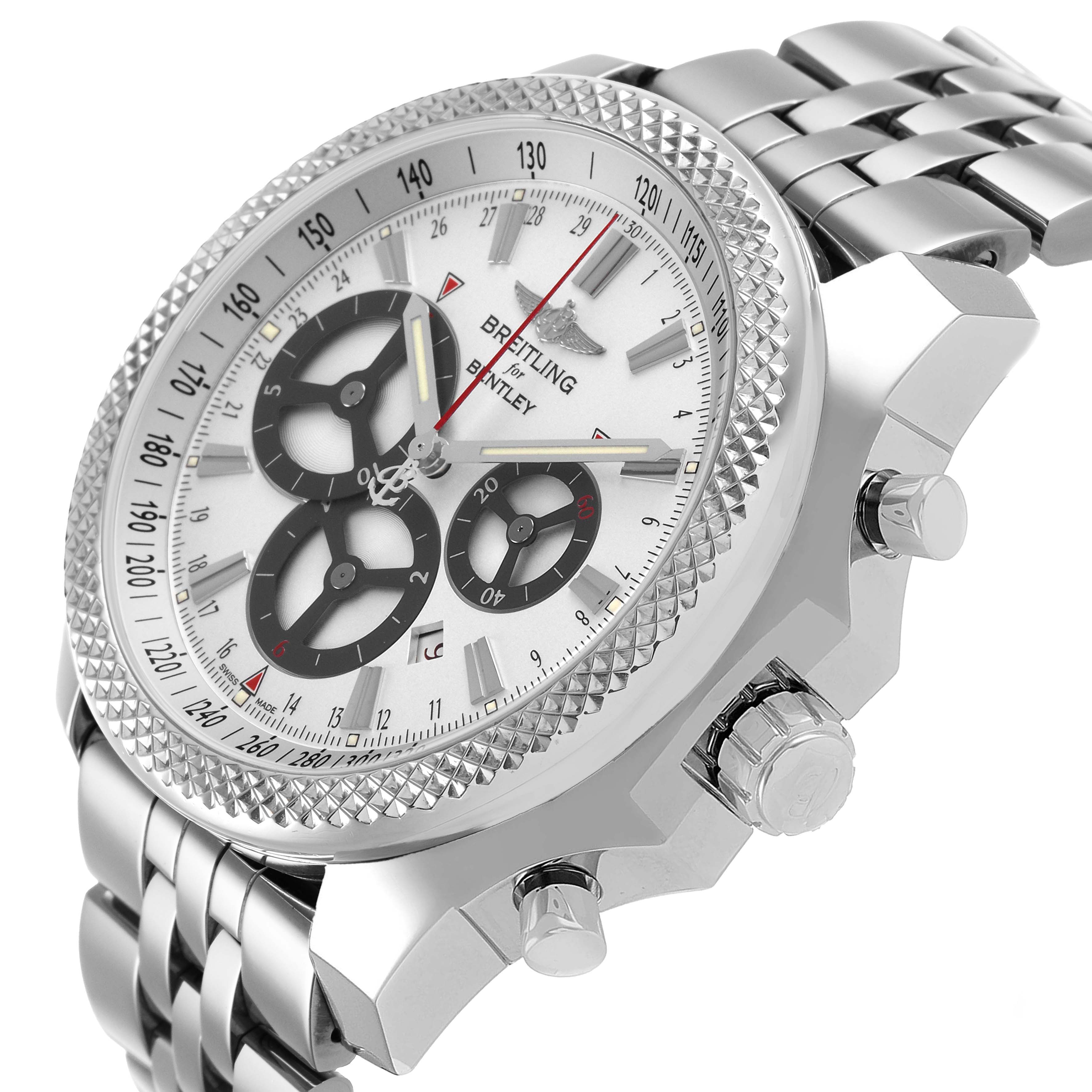 The Bentley by Breitling watch is shown at an angle highlighting the dial, bezel, crown, pushers, and metal bracelet.