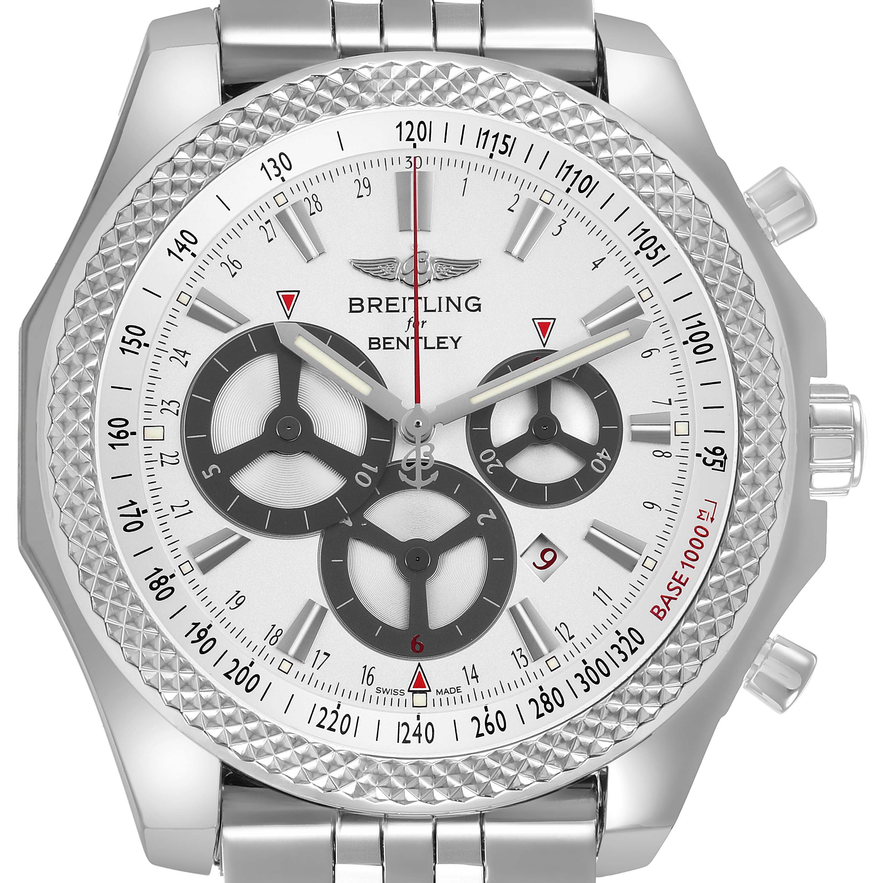 The image shows a frontal view of the Breitling Bentley A25366 / A259G32FL Men's Stainless Steel Silver Dial watch, showcasing its dial, bezel, and subdials.