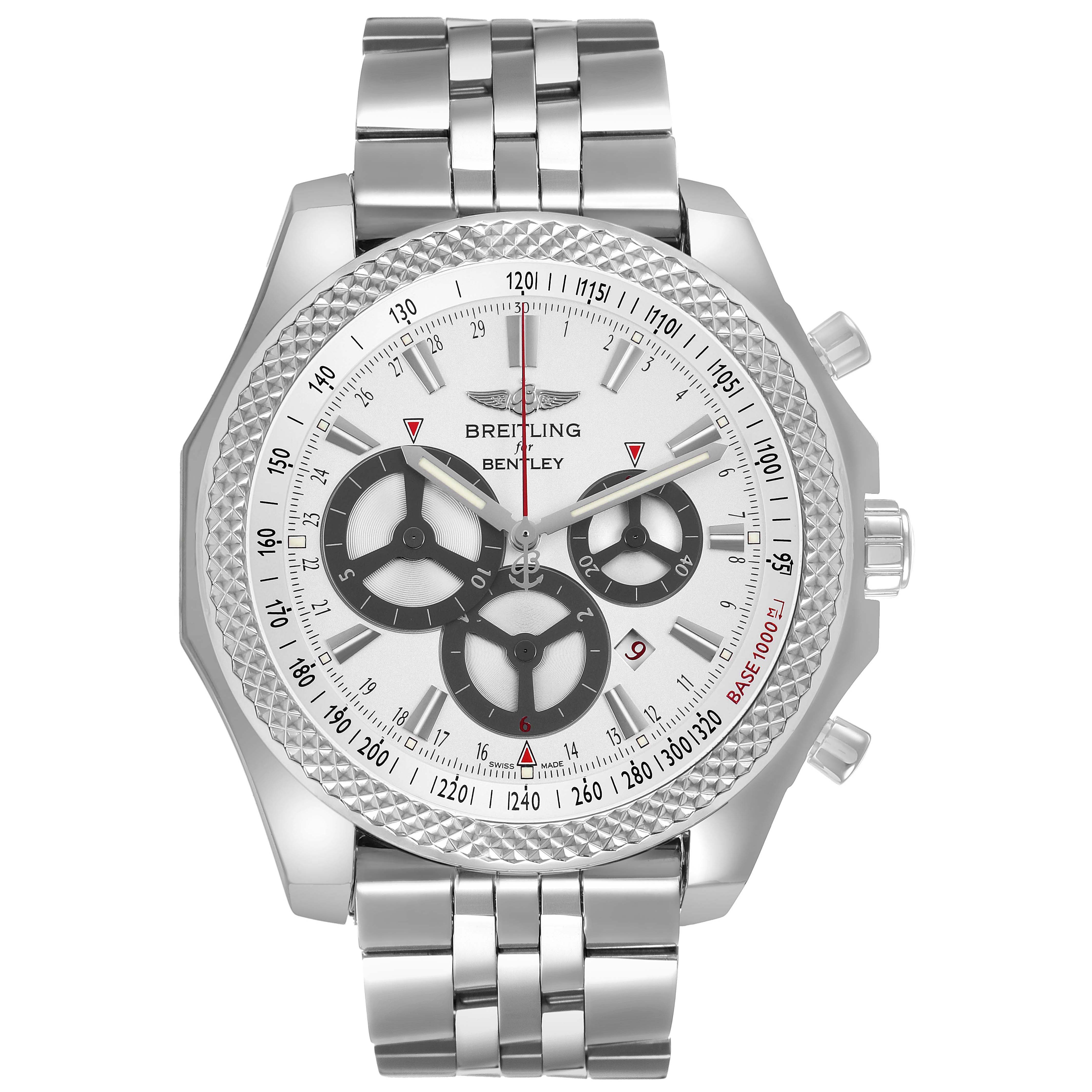 The Breitling Bentley A25366 / A259G32FL Men's Stainless Steel Silver Dial watch is shown from a front angle, featuring its face, bezel, and bracelet.