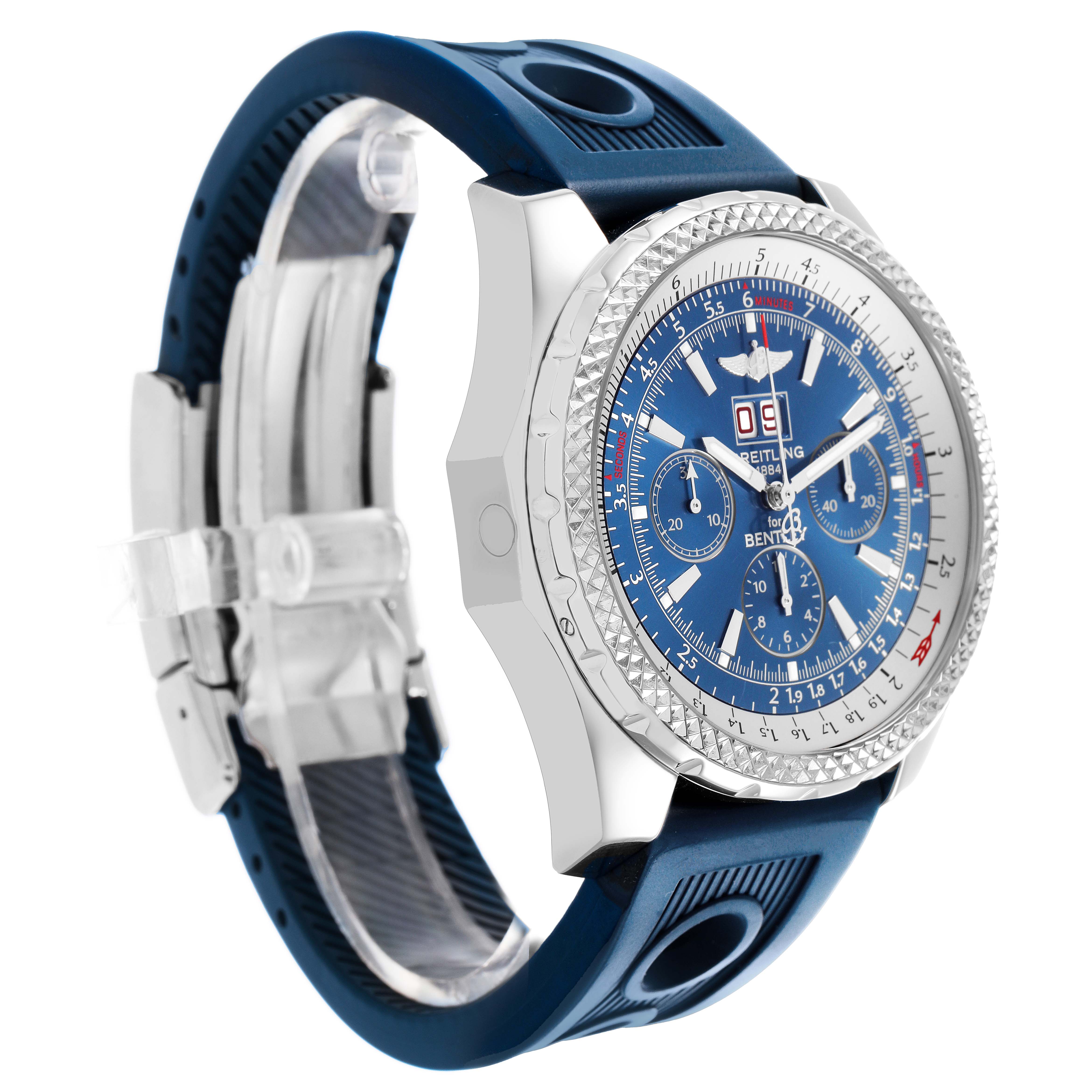 The Breitling Bentley A44362 Men's Stainless Steel Blue Dial watch is shown at a three-quarter angle, highlighting its blue dial, bezel, and strap.