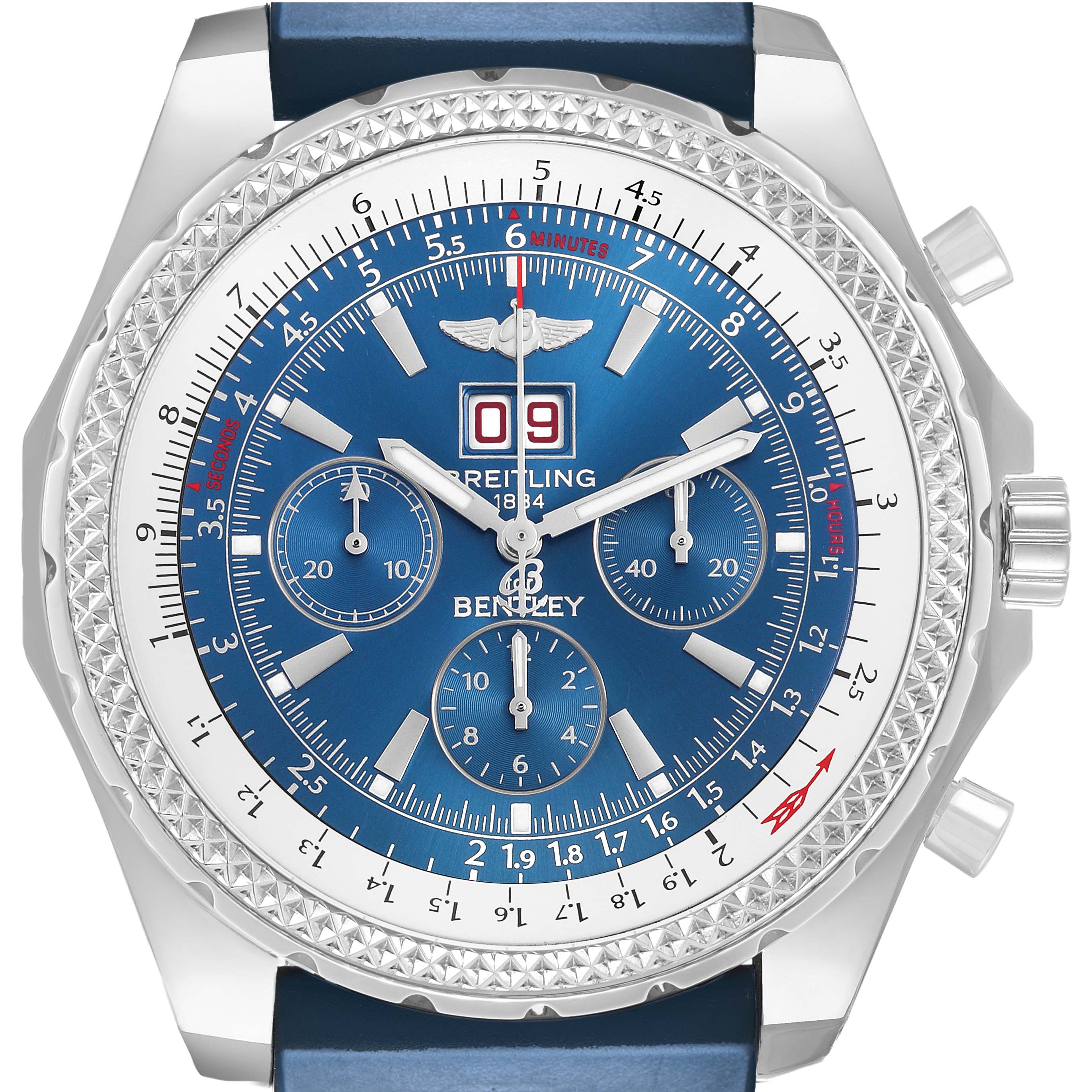 The Breitling Bentley A44362 Men's Stainless Steel Blue Dial watch is shown from the front, highlighting the face, bezel, and crown.