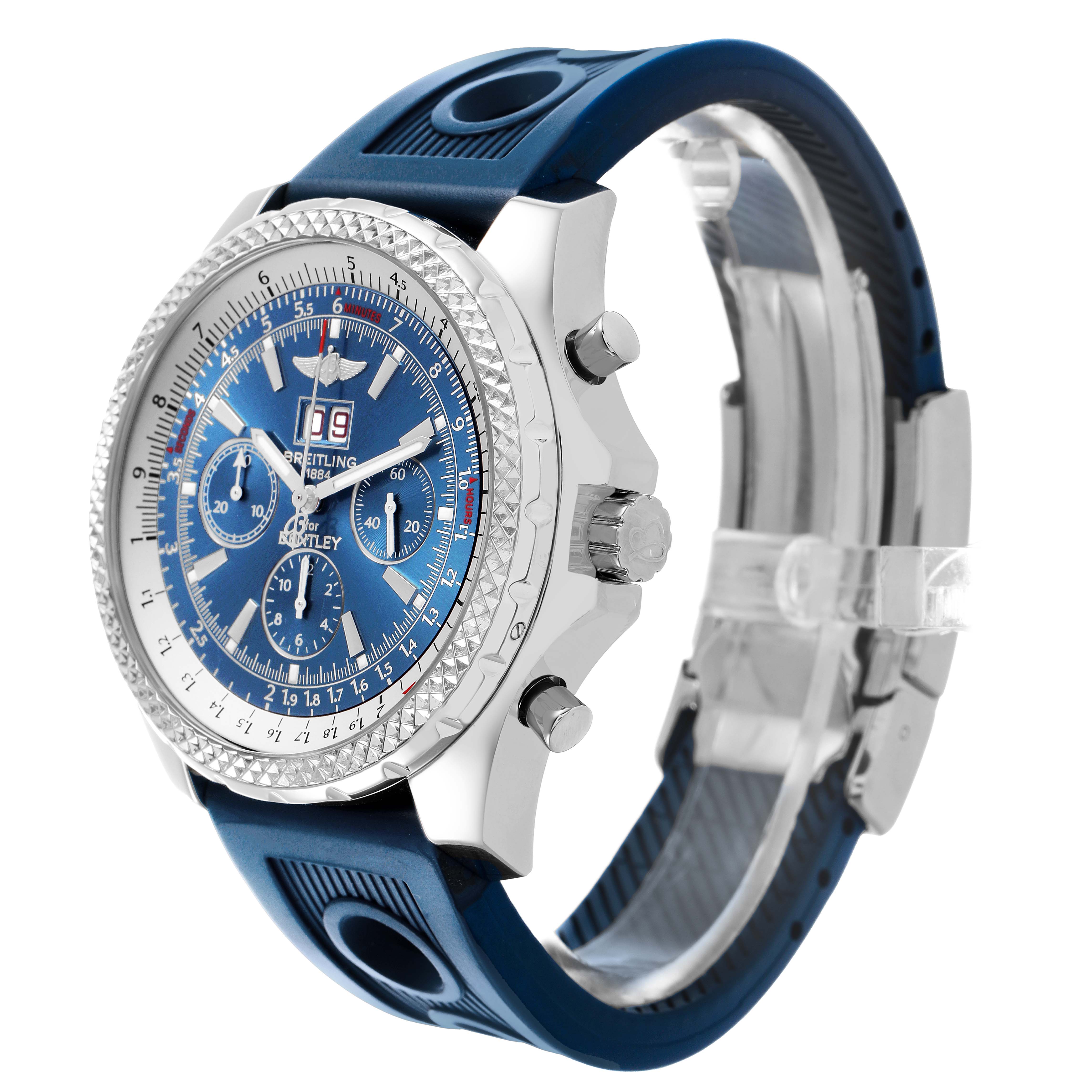 The Breitling Bentley A44362 Men's Stainless Steel Blue Dial watch is shown at an angled side view, highlighting its blue face, chronograph dials, and blue strap.