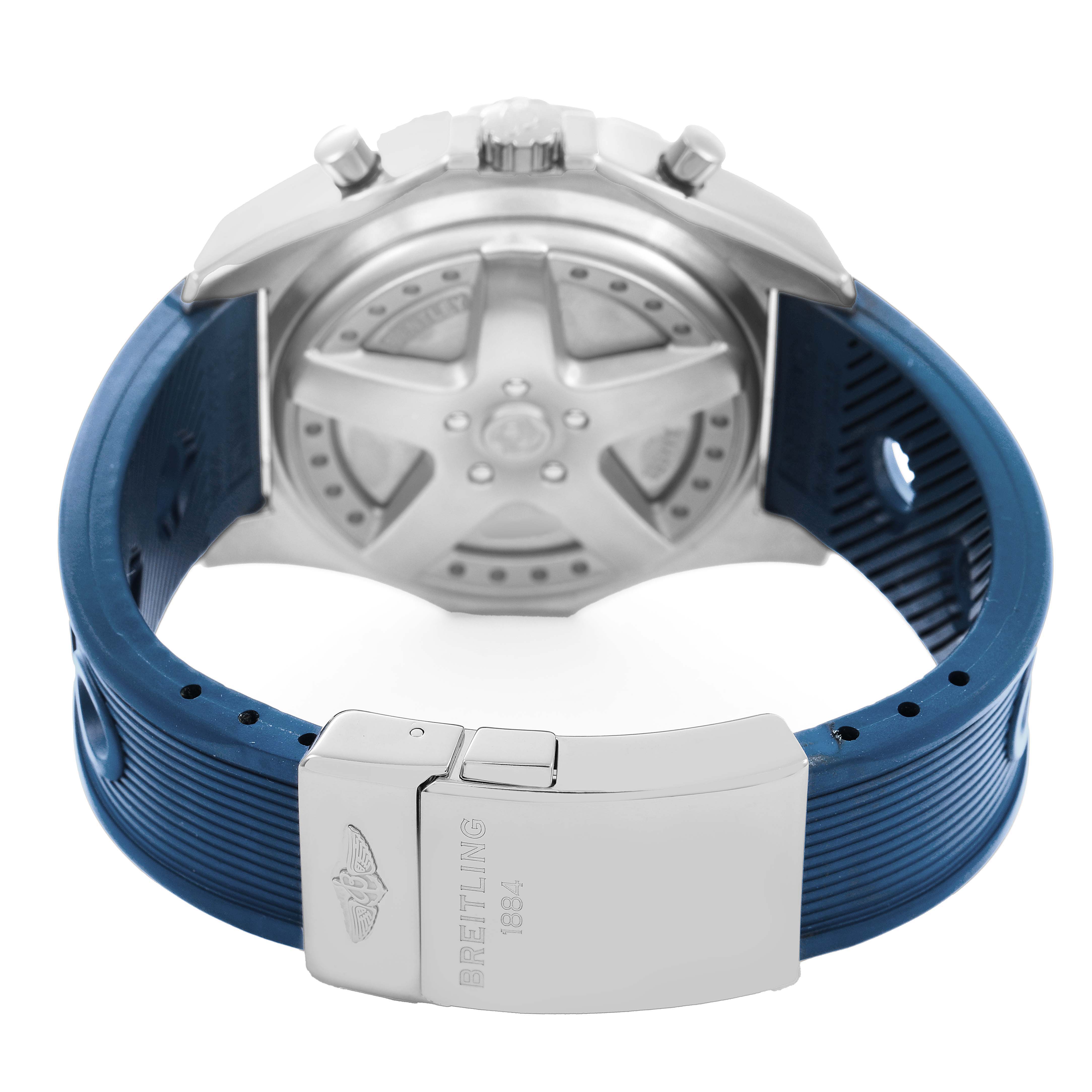 The image shows the backside of a Breitling Bentley A44362 Men's Stainless Steel Blue Dial watch, highlighting the clasp and caseback with a blue strap.