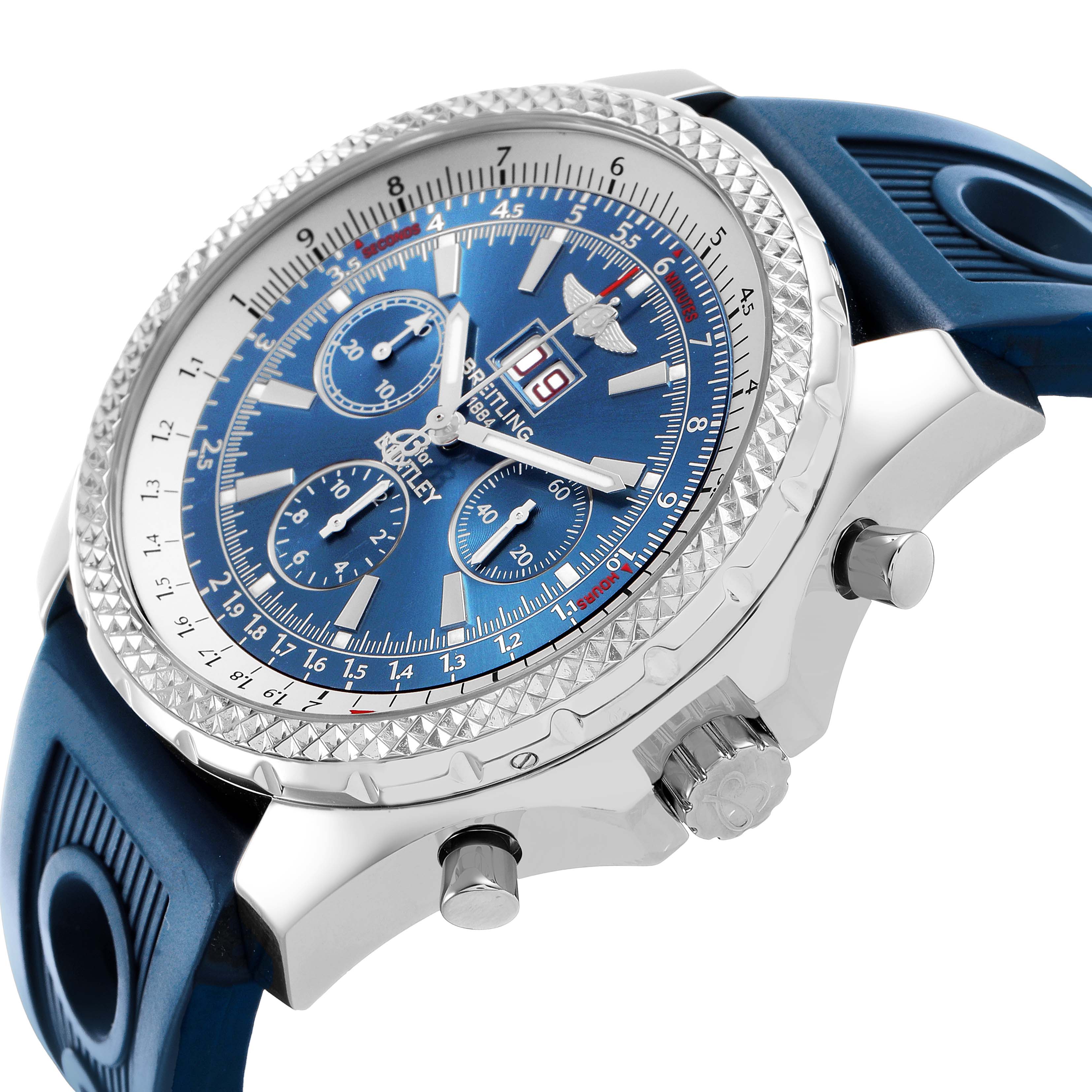The Breitling Bentley A44362 Men's Stainless Steel Blue Dial watch is shown from a three-quarter angle, highlighting the bezel, crown, pushers, and blue dial with subdials.