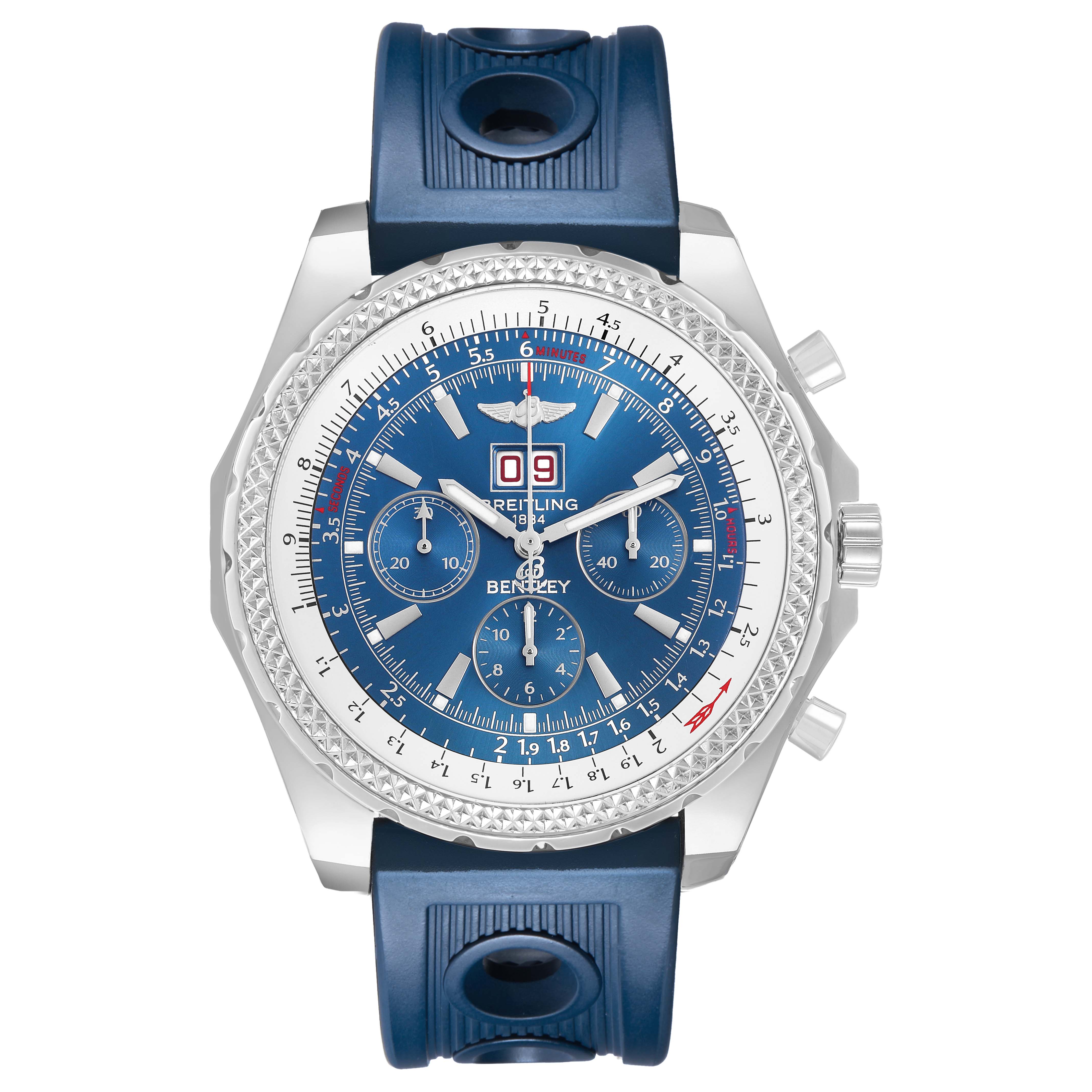 The Bentley by Breitling watch is shown from a front angle, displaying the face, bezel, pushers, and part of the strap.