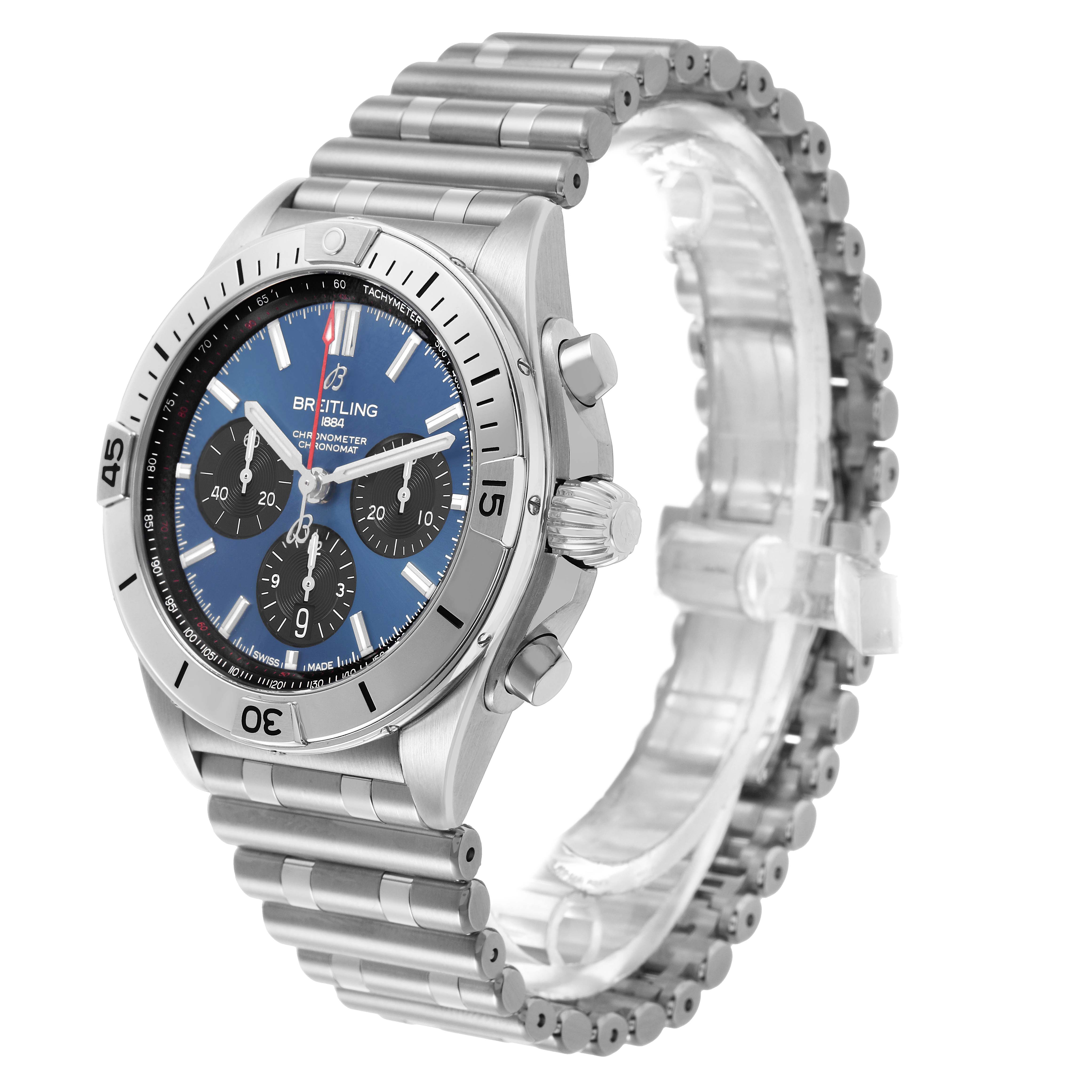 The image shows a Breitling Chronomat AB0134 Men's Stainless Steel Blue Dial watch at a three-quarter angle, displaying its face, case, crown, pushers, and metal bracelet.