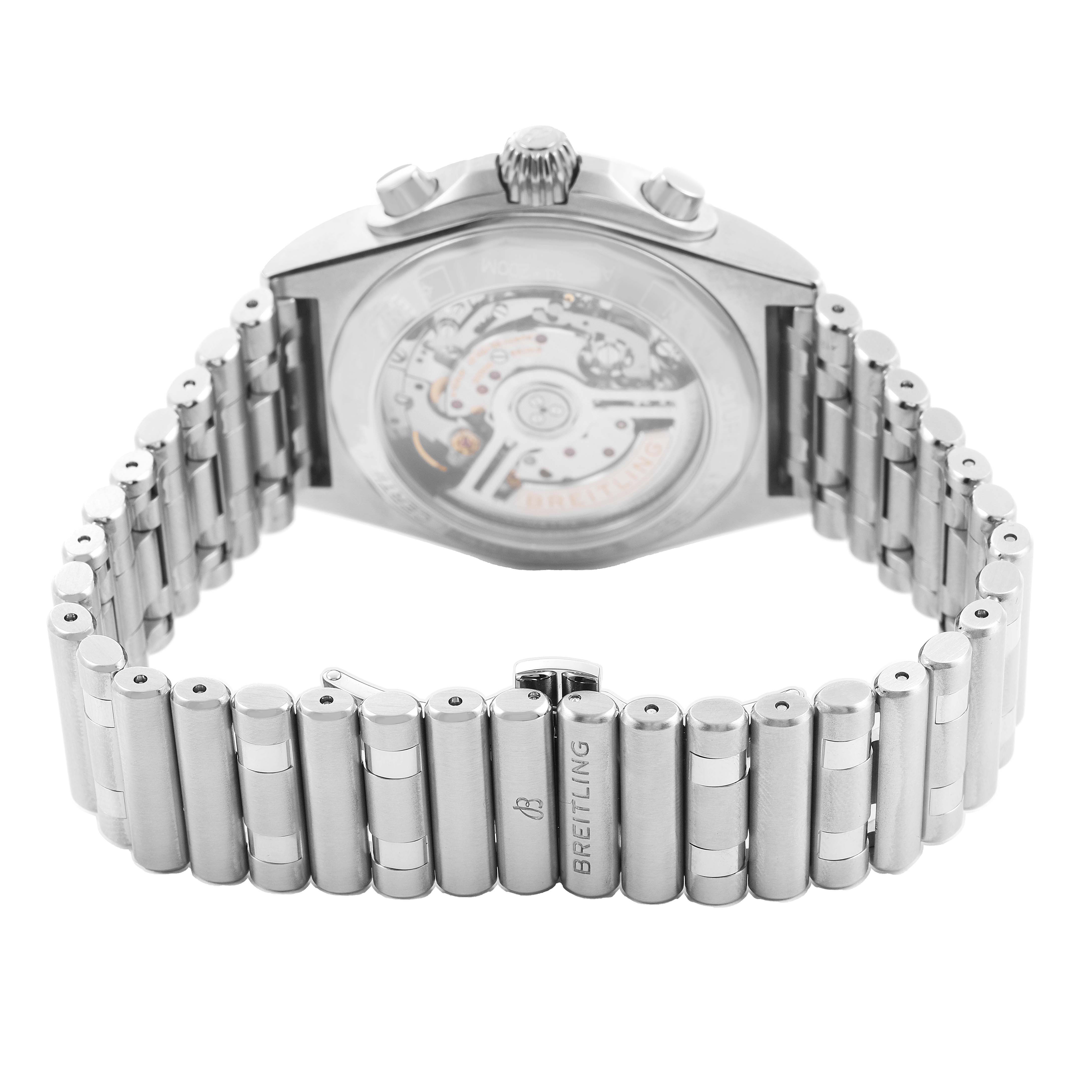 The image shows the Breitling Chronomat AB0134 Men's Stainless Steel Blue Dial watch from the back, focusing on the metal bracelet and transparent case back.