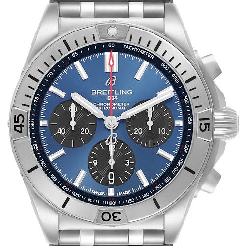 The Breitling Chronomat AB0134 Men's Stainless Steel Blue Dial watch is shown from the front, highlighting its blue dial, subdials, bezel, and crown.