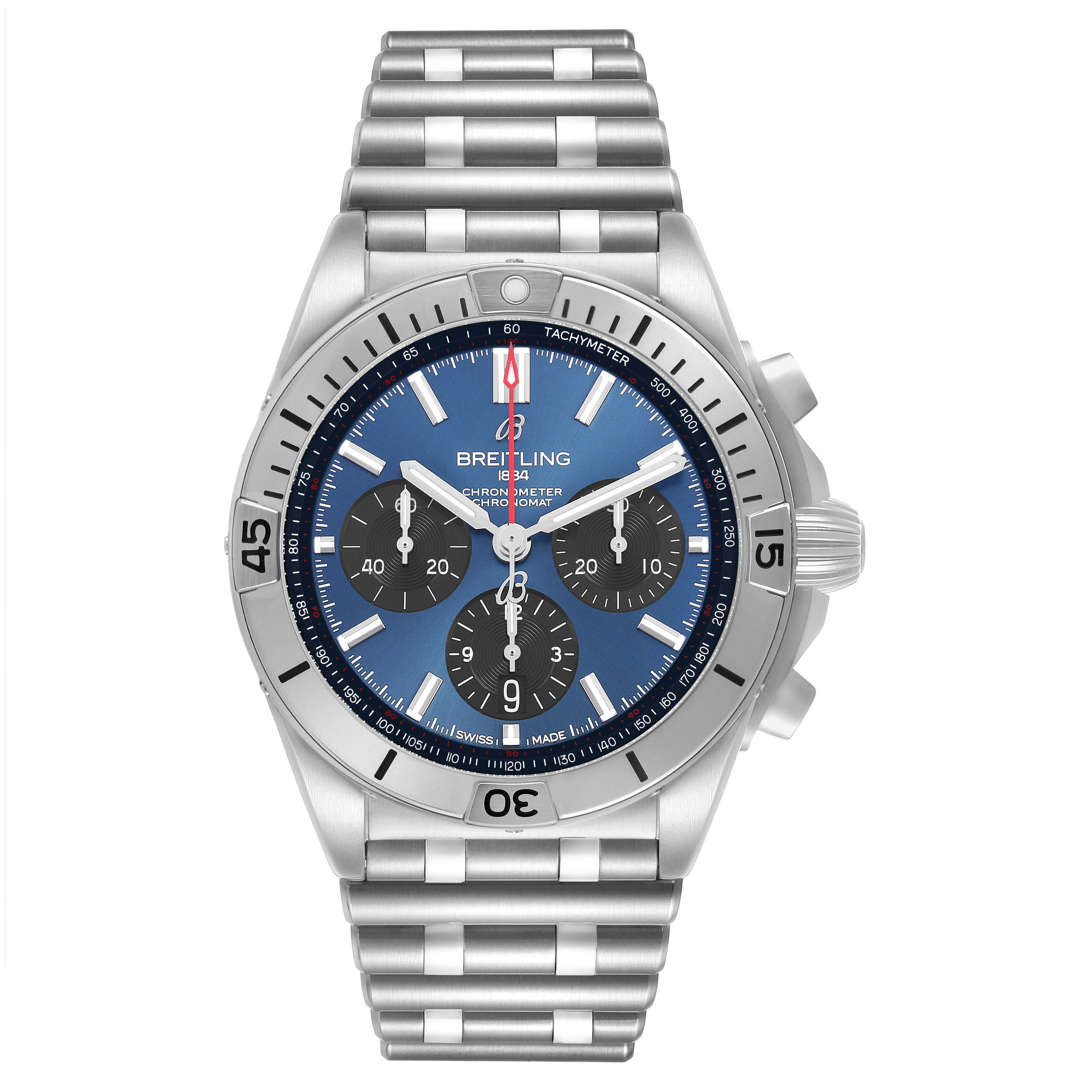The Breitling Chronomat AB0134 Men's Stainless Steel Blue Dial watch is shown from the front, highlighting its blue dial, chronograph subdials, and stainless steel bracelet.