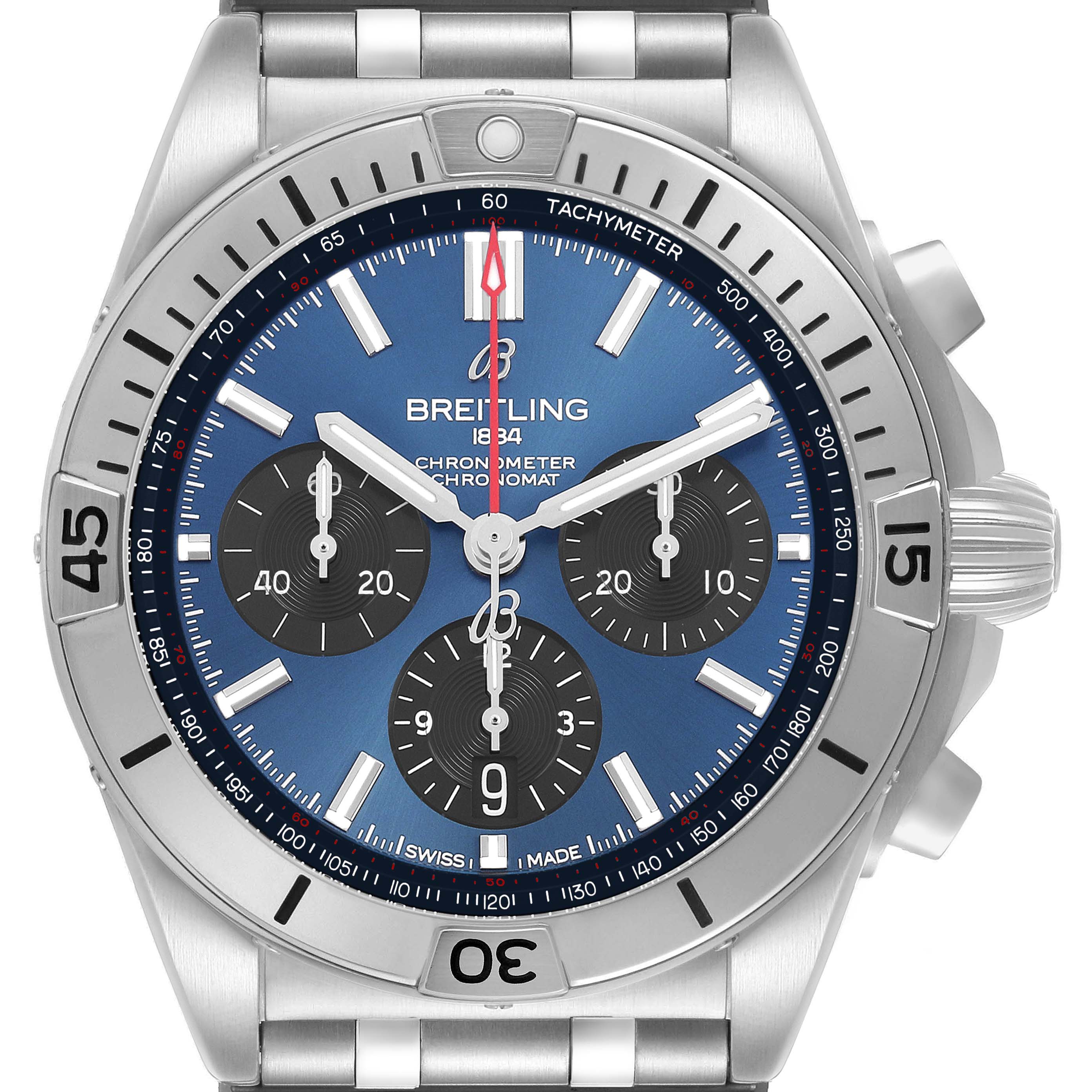 The Breitling Chronomat AB0134 Men's Stainless Steel Blue Dial watch is shown from the front, featuring its dial, bezel, and crown.