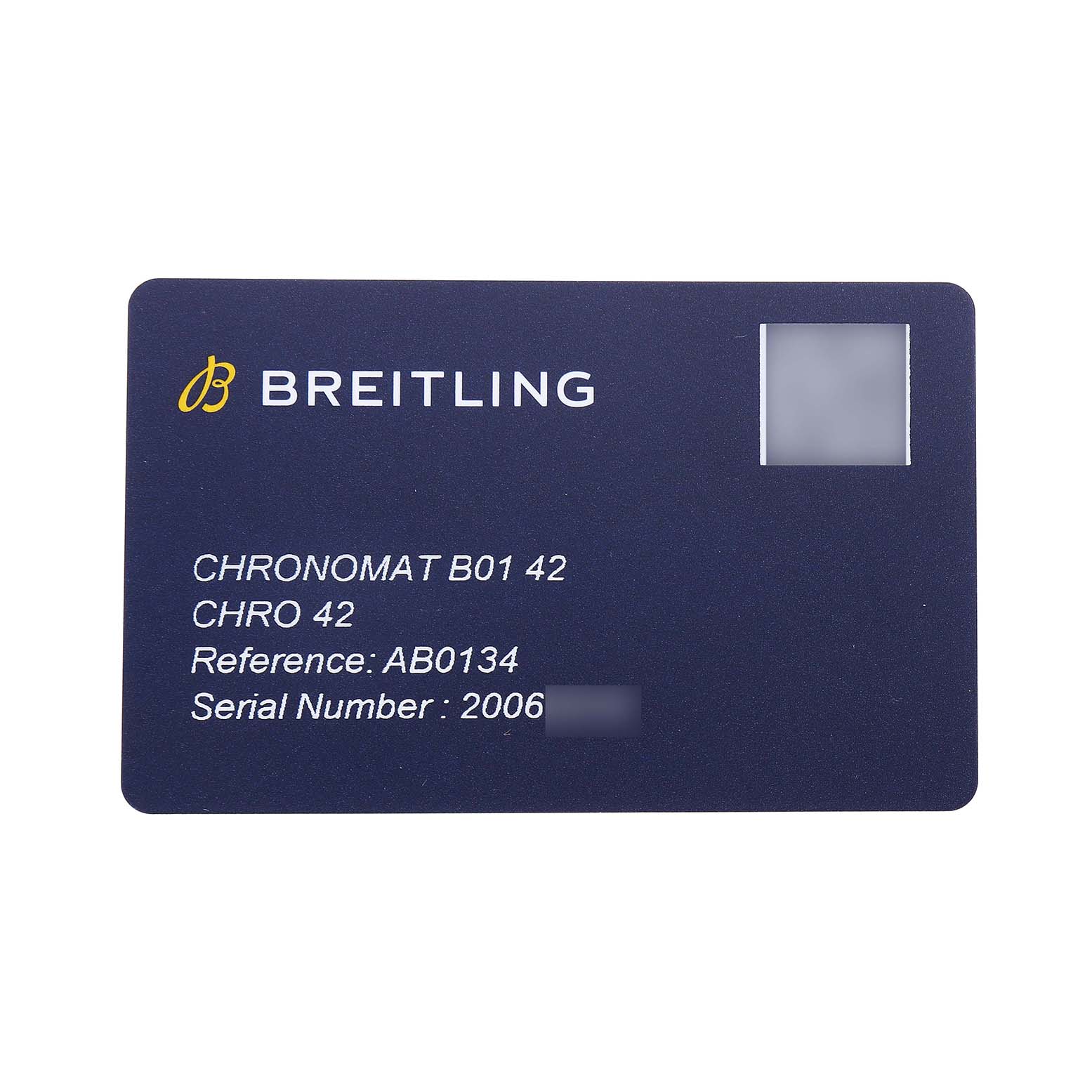 The image shows a Breitling warranty card for the Chronomat B01 42 model, with reference and serial numbers visible.