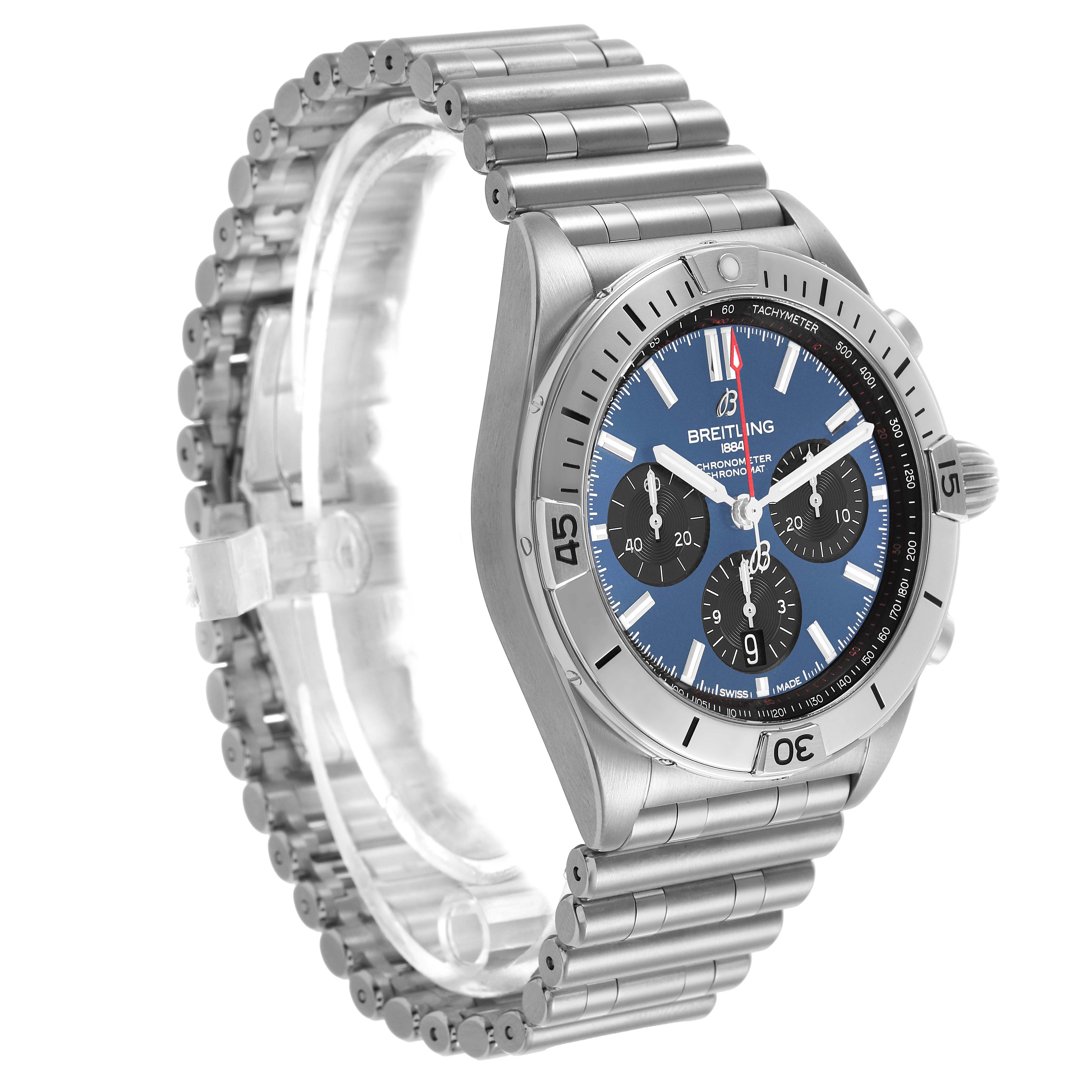 The Breitling Chronomat AB0134 Men's Stainless Steel Blue Dial watch is shown at a three-quarter angle, displaying the face, bezel, and stainless steel bracelet.