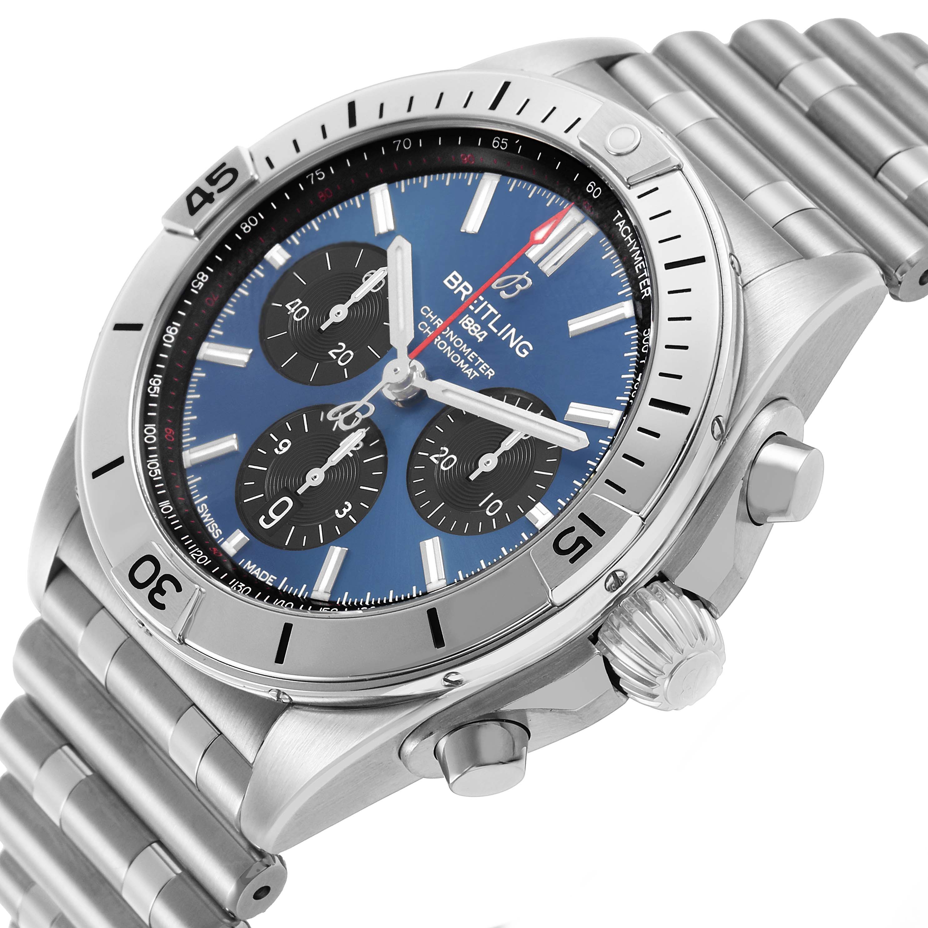 The Breitling Chronomat AB0134 Men's Stainless Steel Blue Dial watch is shown at an angle highlighting its stainless steel case, bezel, crown, and blue dial with subdials.