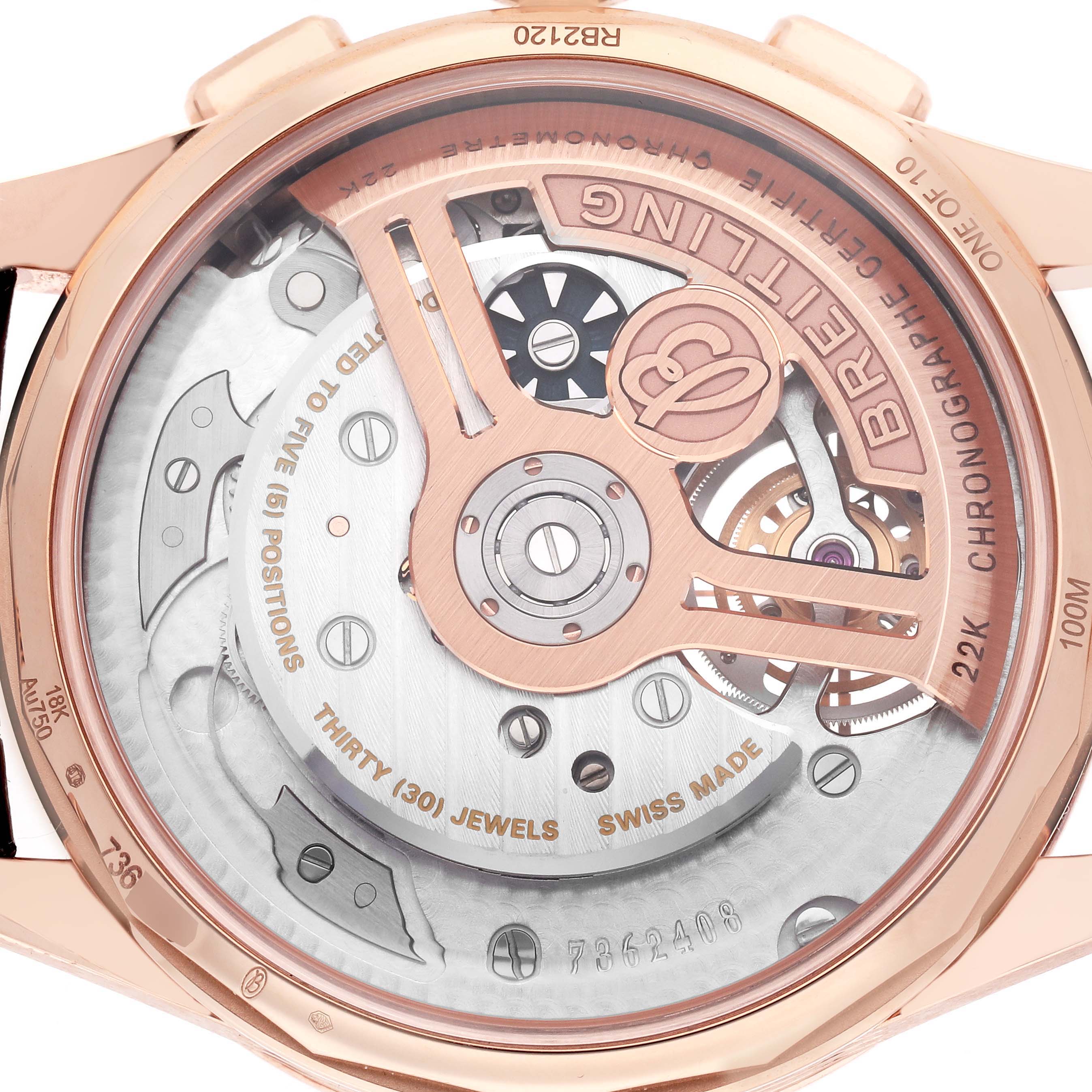 The image shows the back view of the Breitling Premier model RB21202A1K1P1 men's watch, highlighting its rotor, movement details, and inscriptions.