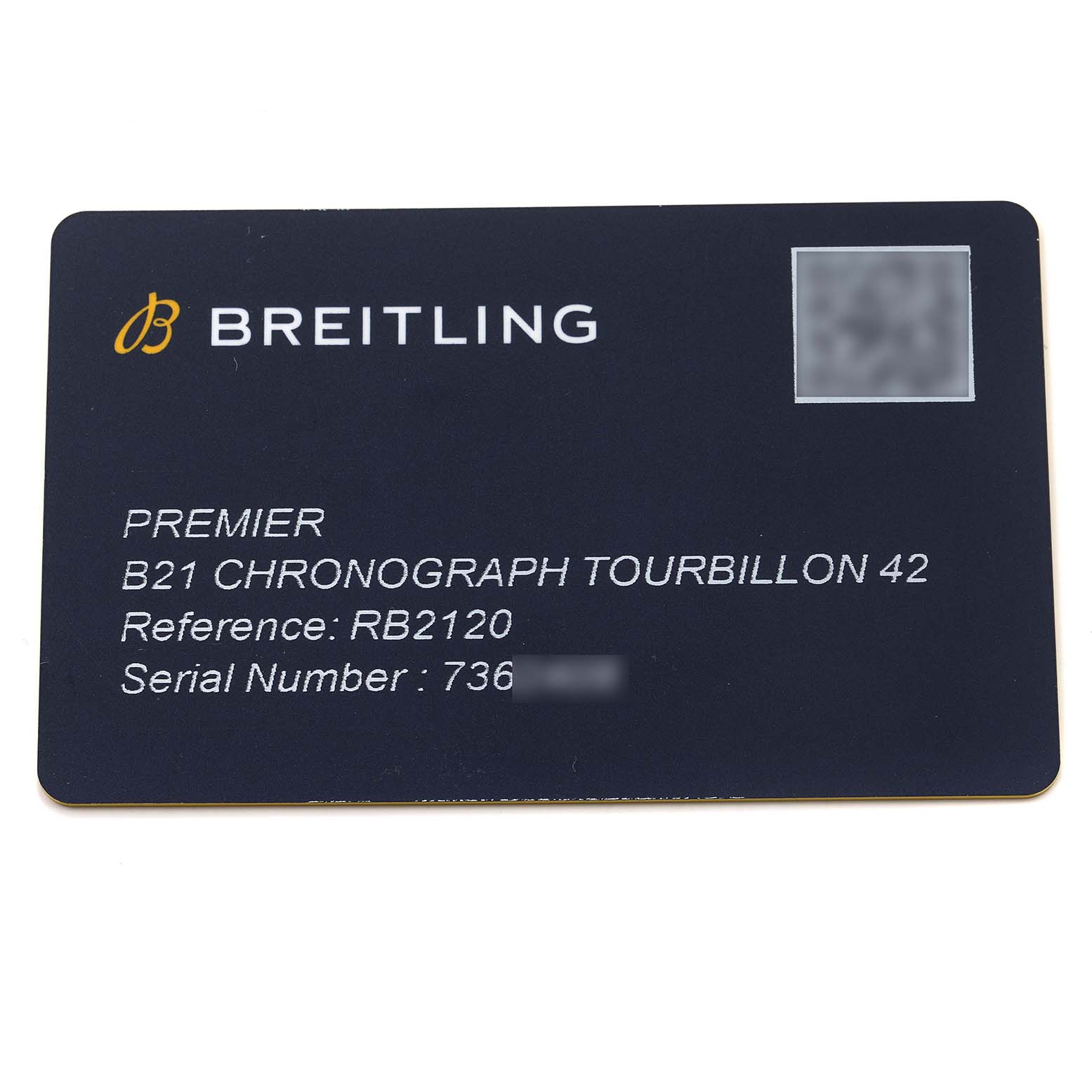 The image displays a card for the Breitling Premier B21 Chronograph Tourbillon 42, model number RB21202A1K1P1, showing brand, model, reference, and serial information.