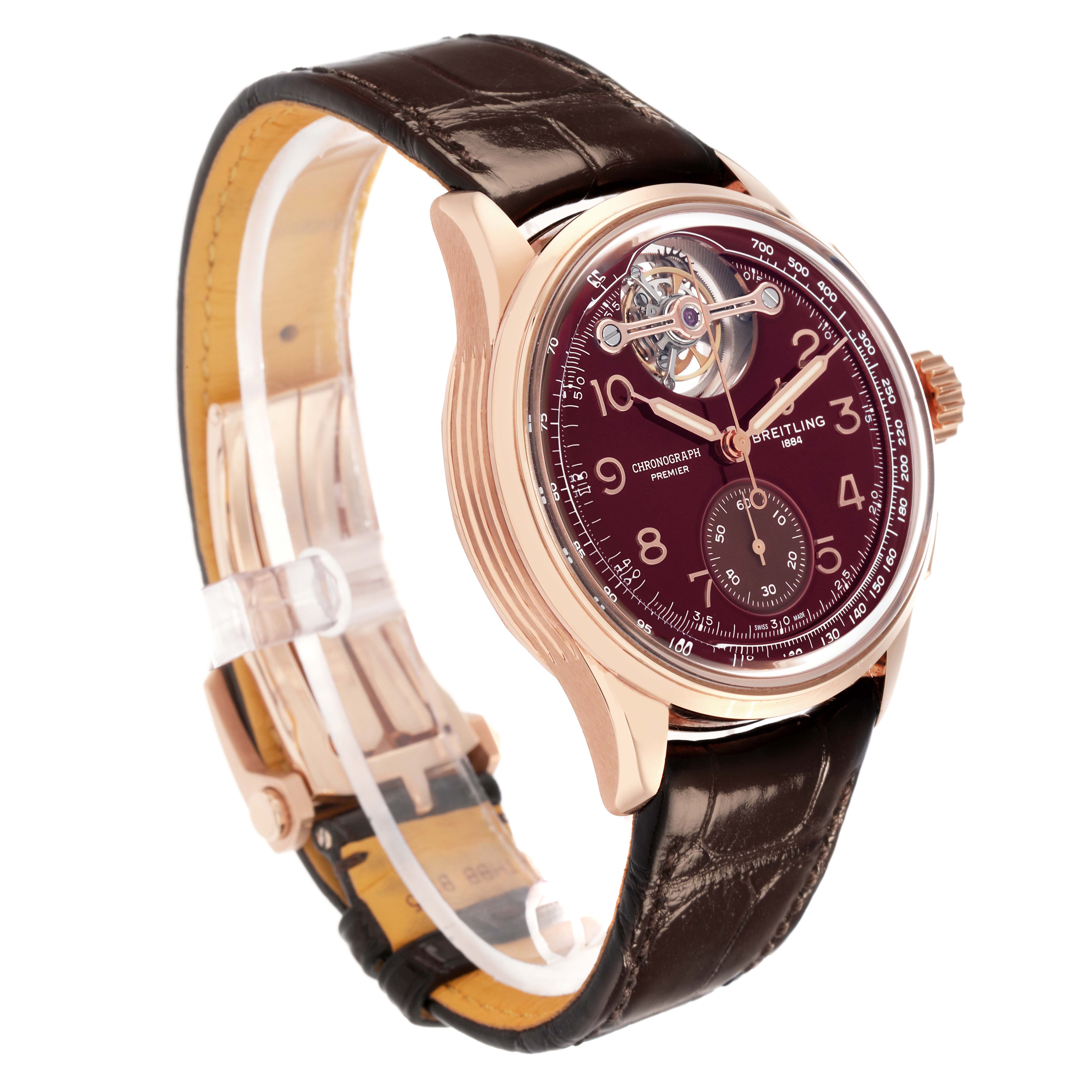 The Breitling Premier RB21202A1K1P1 men's watch is shown at a three-quarter angle, displaying the watch face, side crown, and brown leather strap.