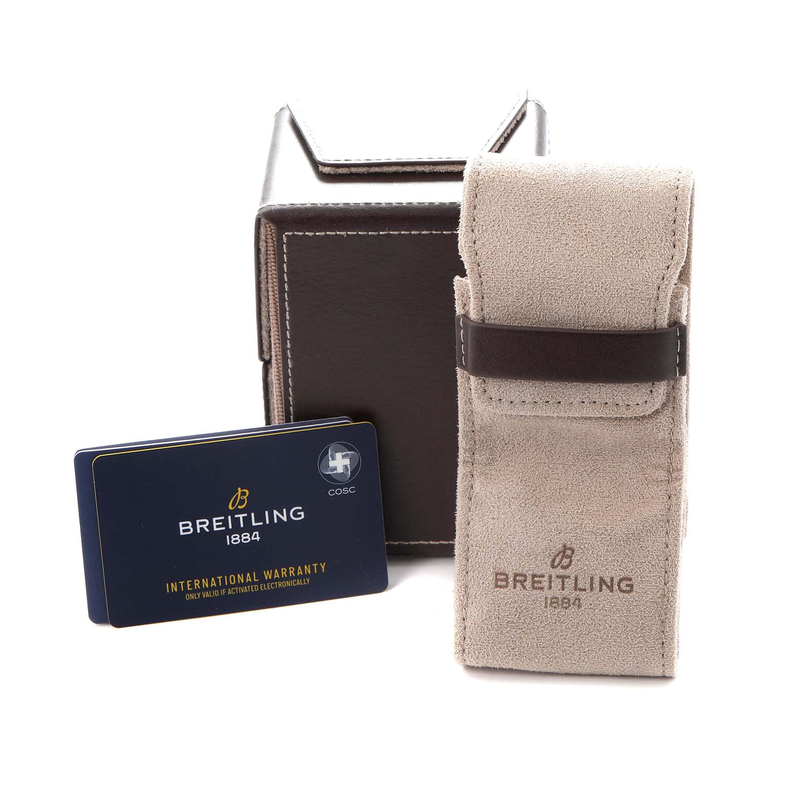 The image shows a Breitling Premier model RB21202A1K1P1 watch's packaging, including a warranty card, watch box, and a suede pouch.