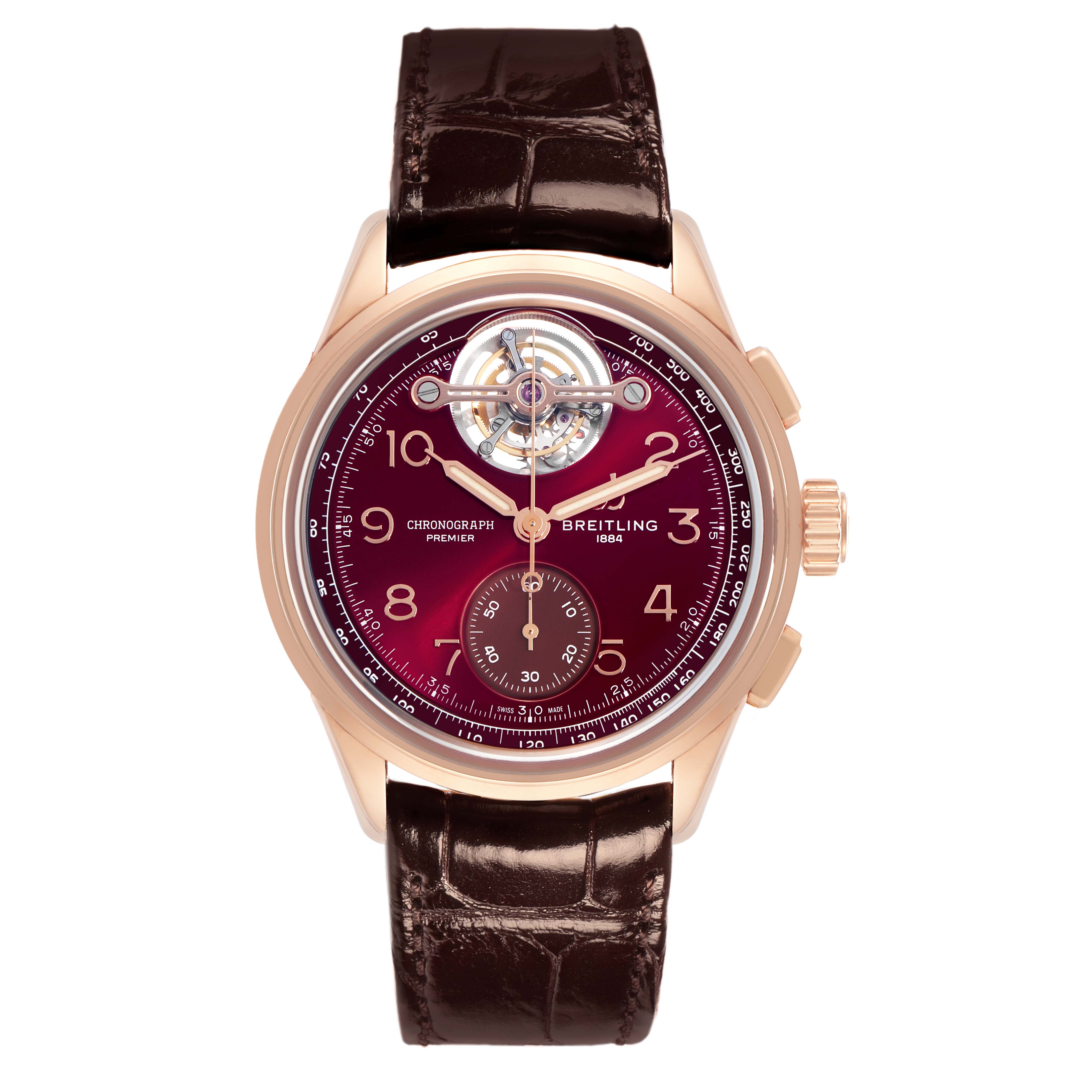 The Breitling Premier model RB21202A1K1P1 men's watch is shown from the front, highlighting its burgundy dial, gold-tone case, and black strap.