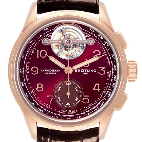 The image shows a front view of the Breitling Premier model RB21202A1K1P1 men's watch, highlighting the dial, subdials, hands, and bezel.