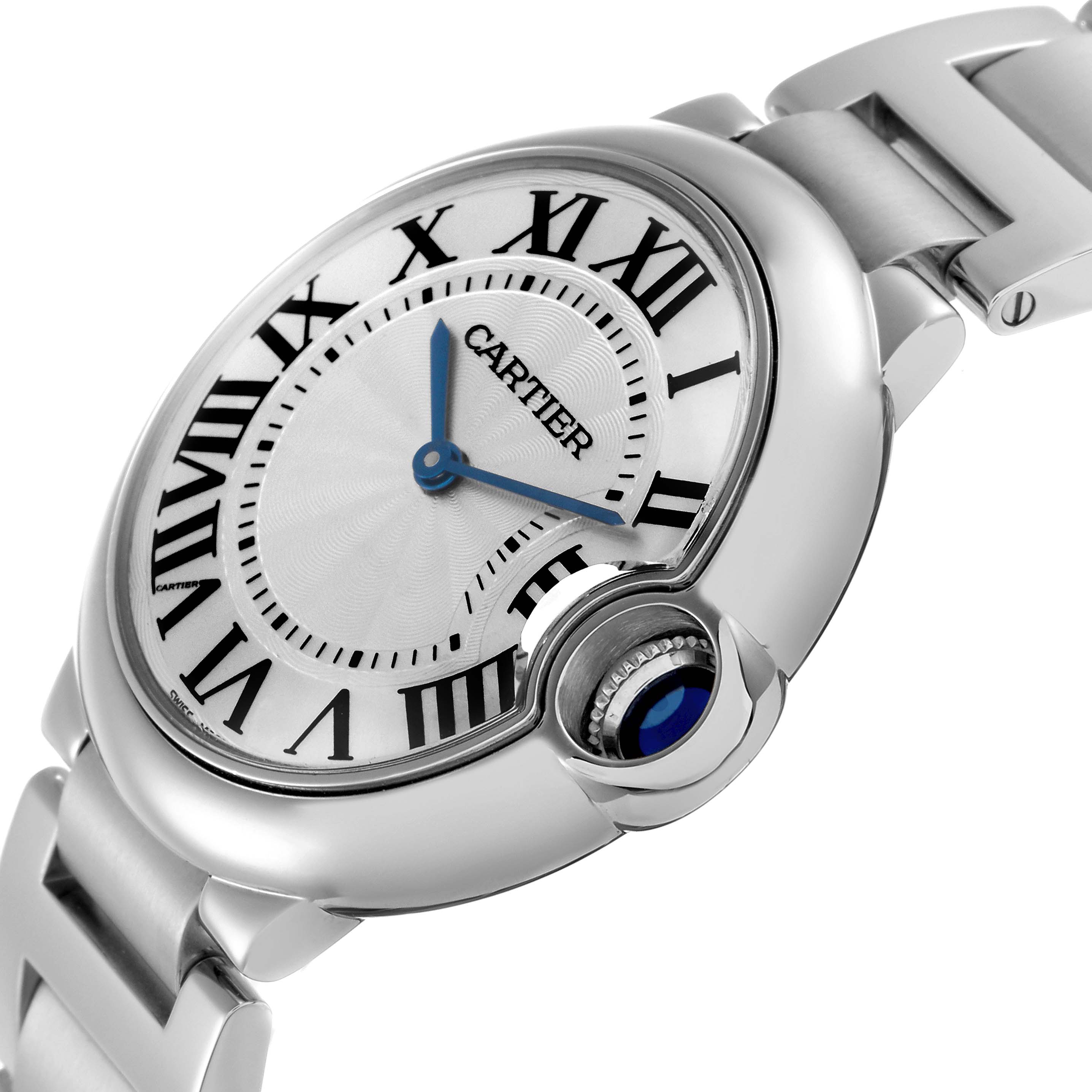 The Cartier Ballon Bleu model W69011Z4 men's watch is shown at an angled view, highlighting its round case, Roman numeral dial, blue hands, and signature crown.