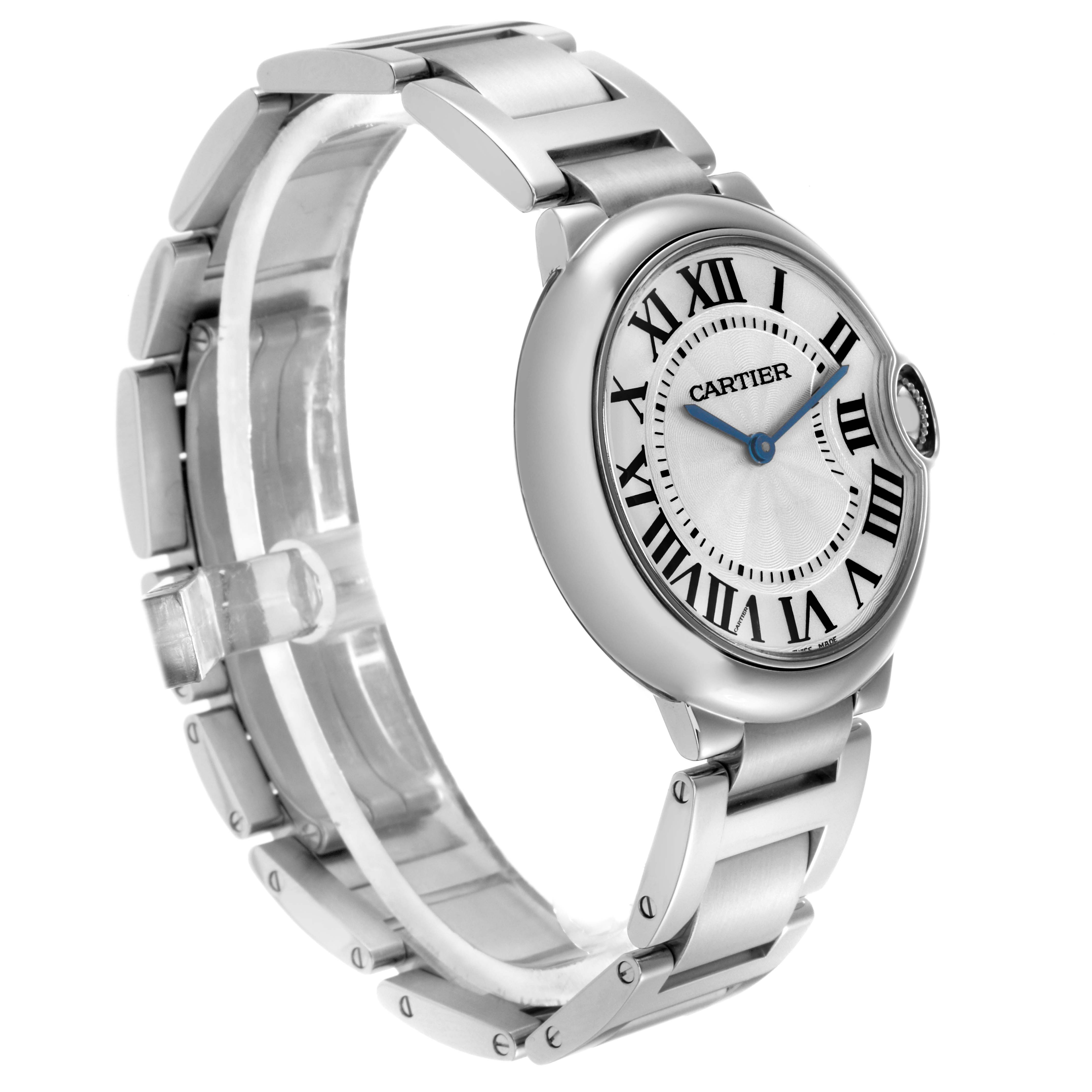 The image shows a Cartier Ballon Bleu model W69011Z4 men’s watch at an angled view, highlighting the bracelet, round case, and dial with Roman numerals.