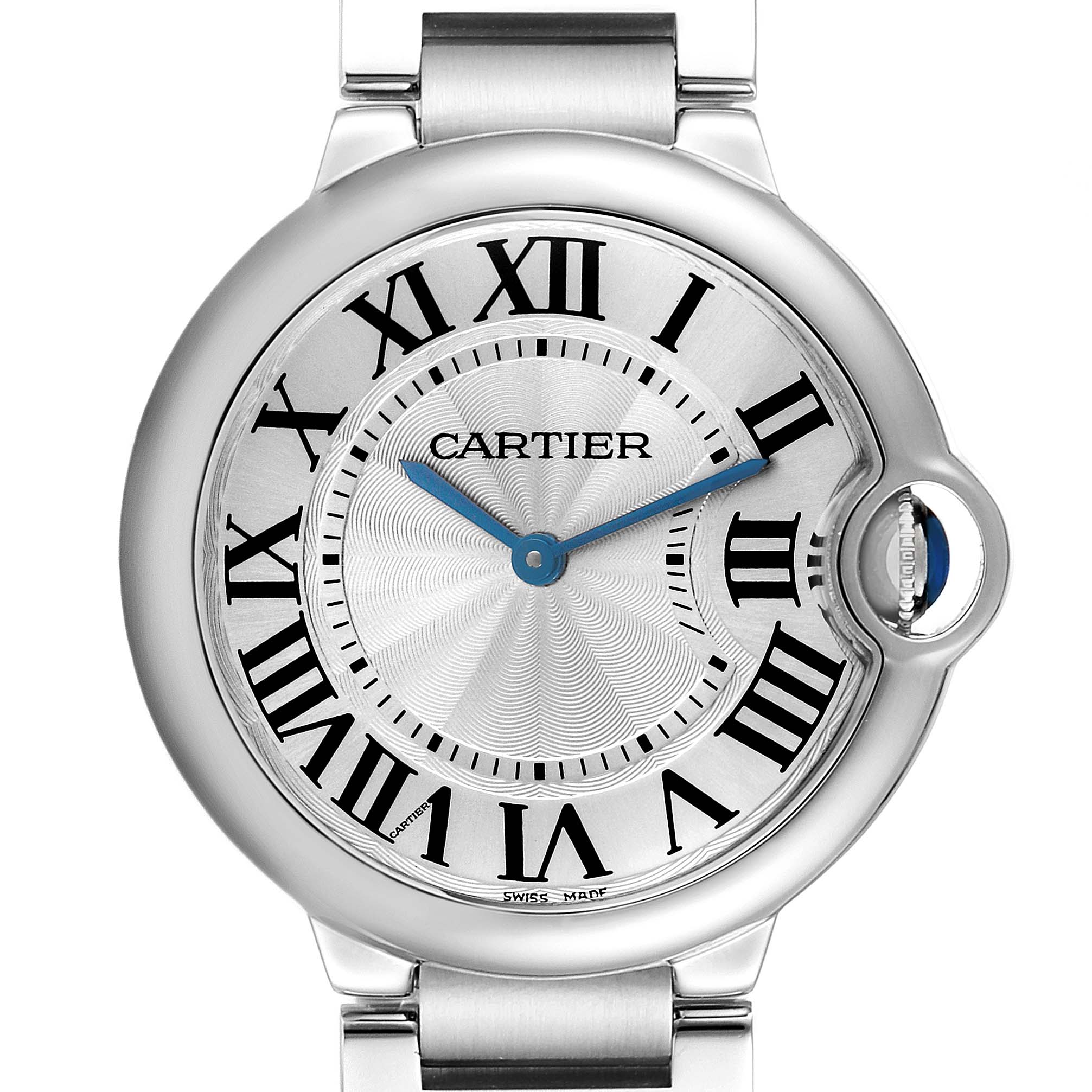 The image shows a front view of the Cartier Ballon Bleu men's watch, model W69011Z4, highlighting its silver dial, blue hands, and Roman numeral markers.