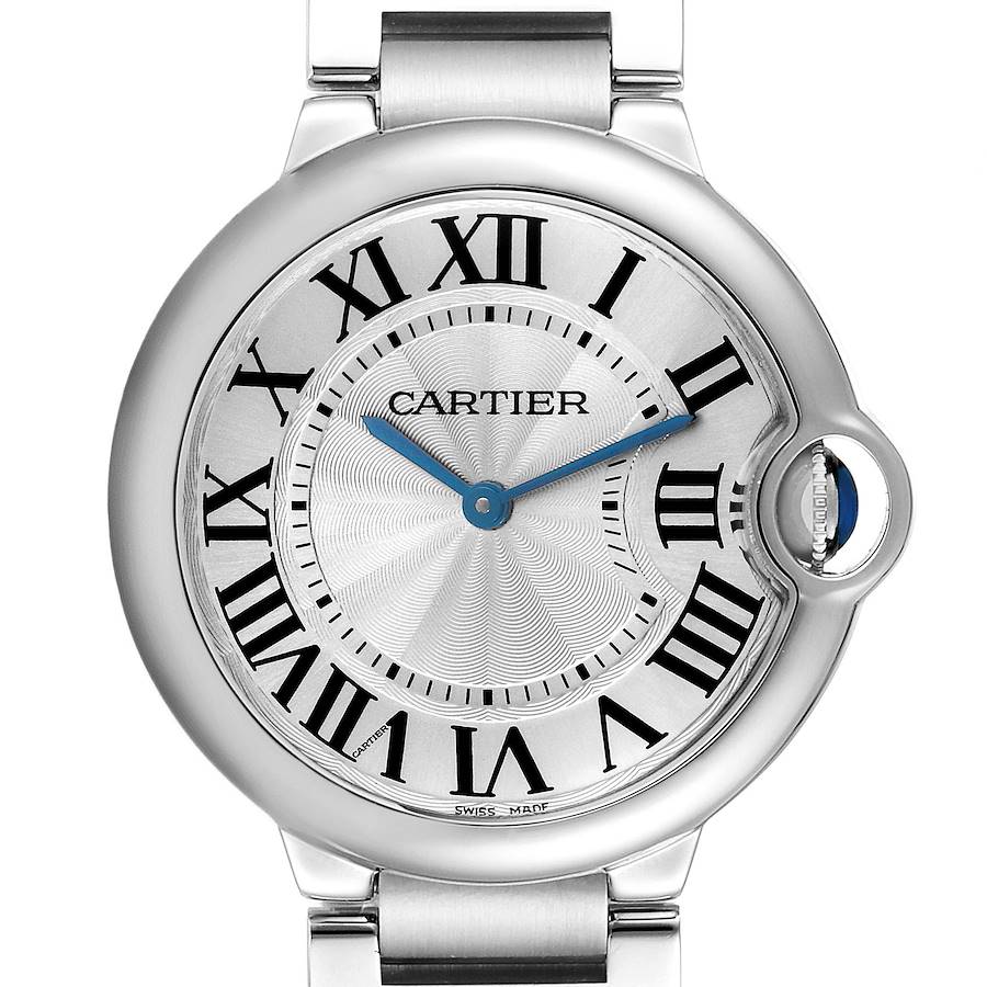 The image shows a front view of the Cartier Ballon Bleu men's watch, model W69011Z4, highlighting its silver dial, blue hands, and Roman numeral markers.