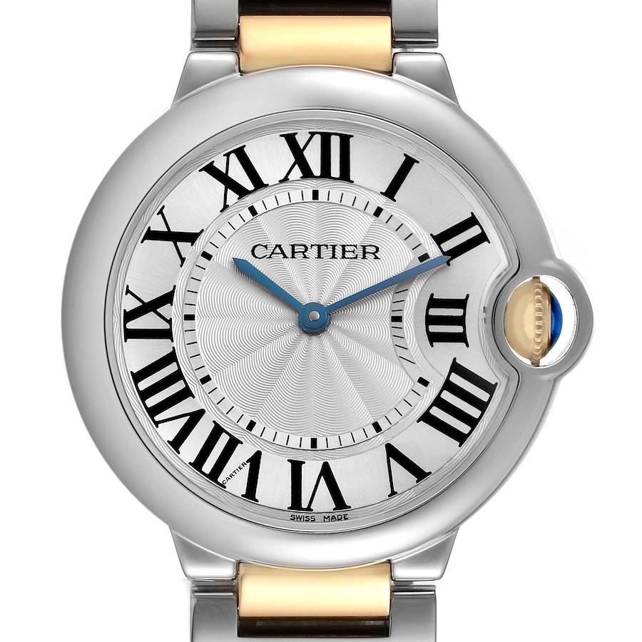 The image features a close-up, frontal view of the Cartier Ballon Bleu model W69008Z3 men's watch, showing the dial, Roman numerals, and crown detail.