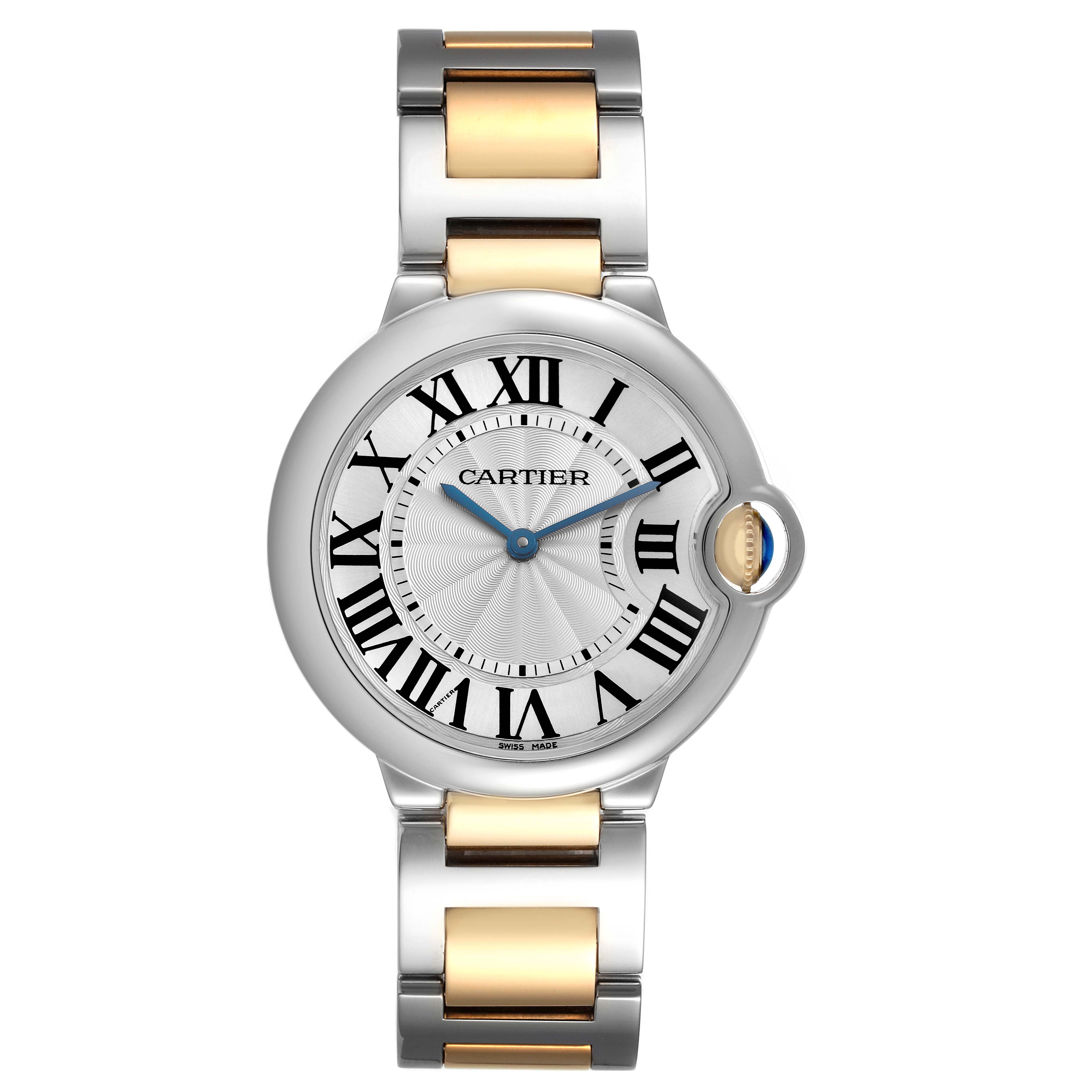The image shows a front view of the Cartier Ballon Bleu watch, model W69008Z3, highlighting the dial, bezel, and two-tone bracelet.