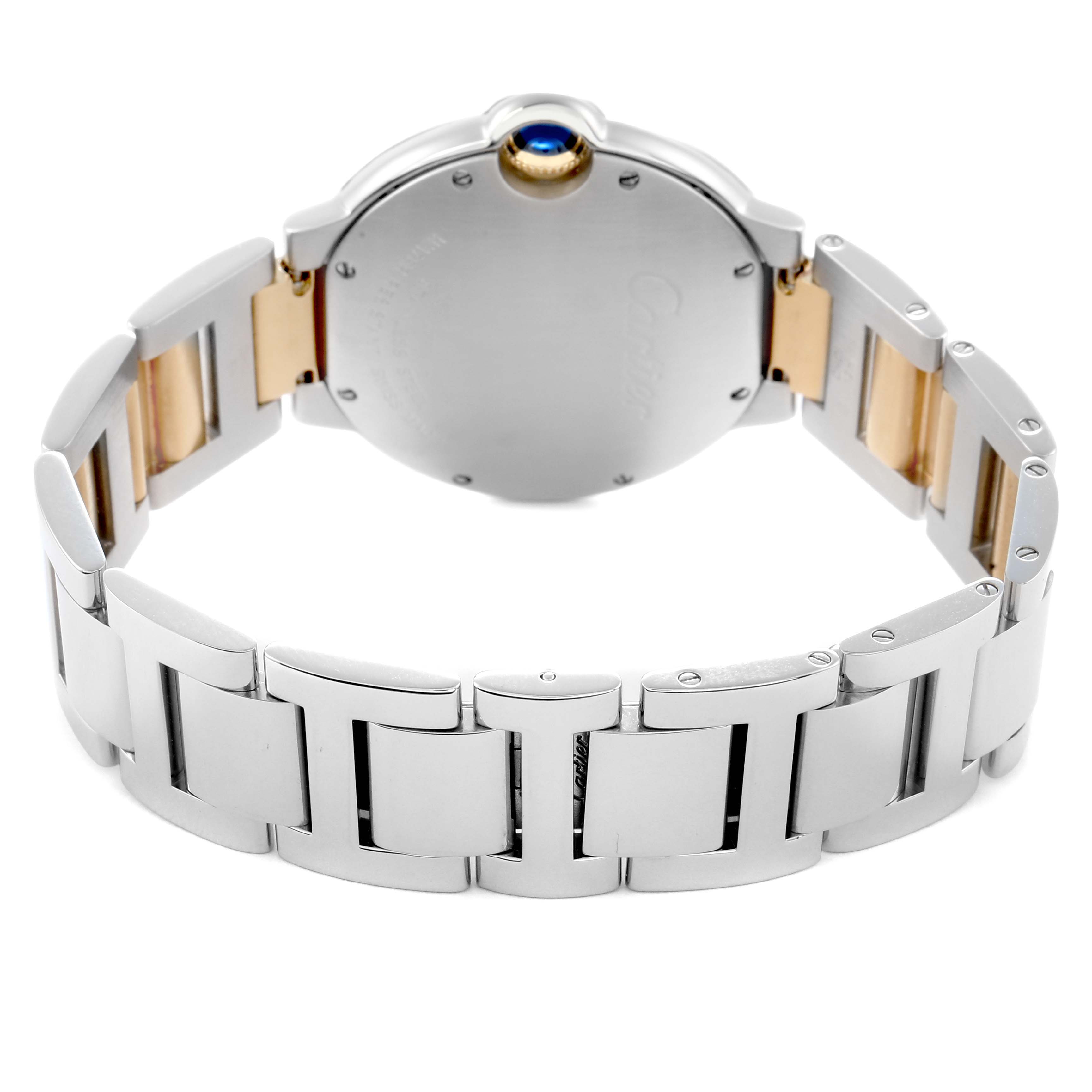 The image shows the back view of the Cartier Ballon Bleu model W69008Z3 men's watch, highlighting its case back and metal bracelet.