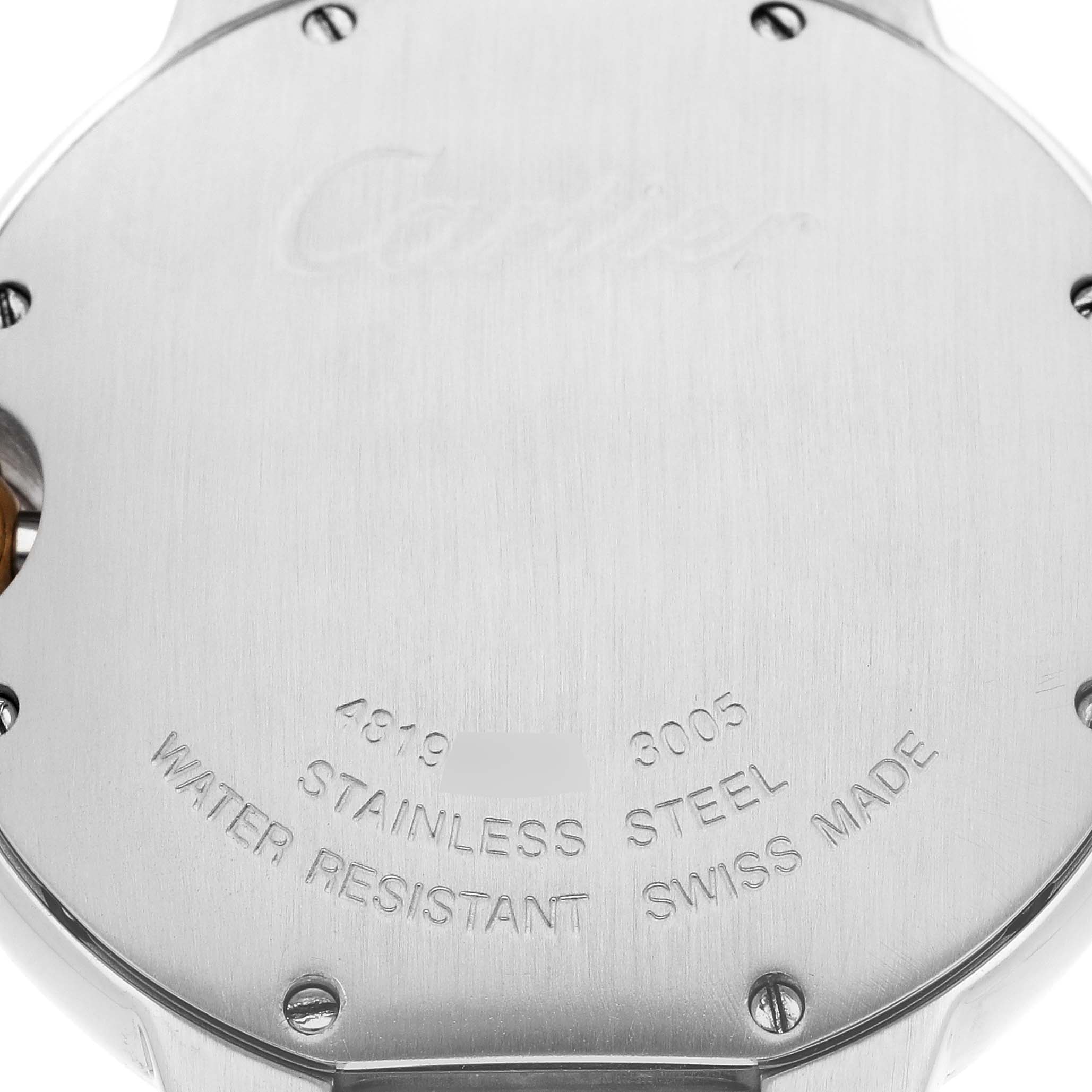 The image shows the back case of the Cartier Ballon Bleu, model number W69008Z3, highlighting its stainless steel material and water resistance.