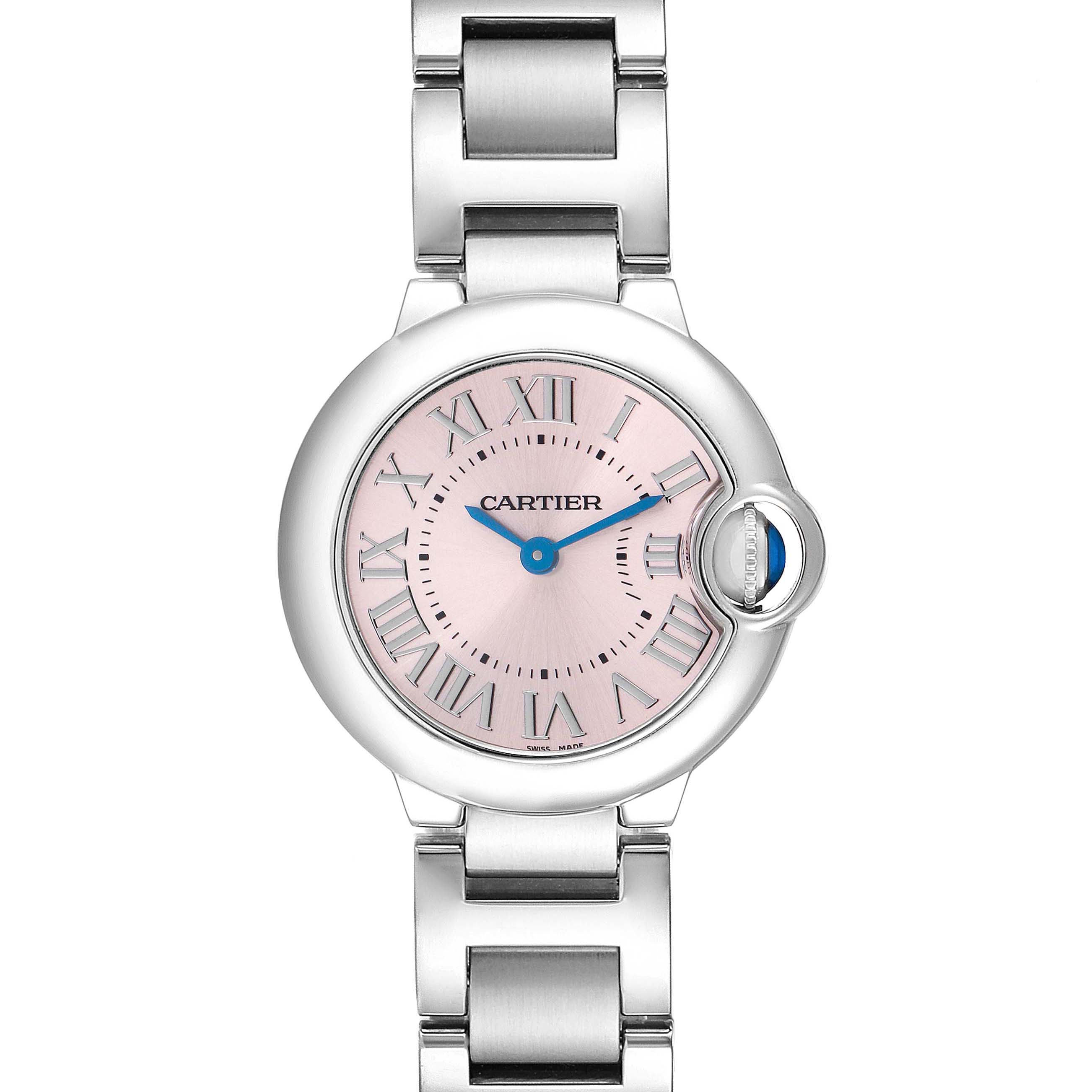 The image shows a Cartier Ballon Bleu model W6920038 men's watch from a front angle, highlighting the dial, bezel, and part of the bracelet.