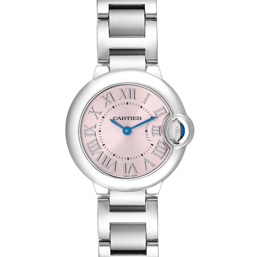 The image shows a Cartier Ballon Bleu model W6920038 men's watch from a front angle, highlighting the dial, bezel, and part of the bracelet.