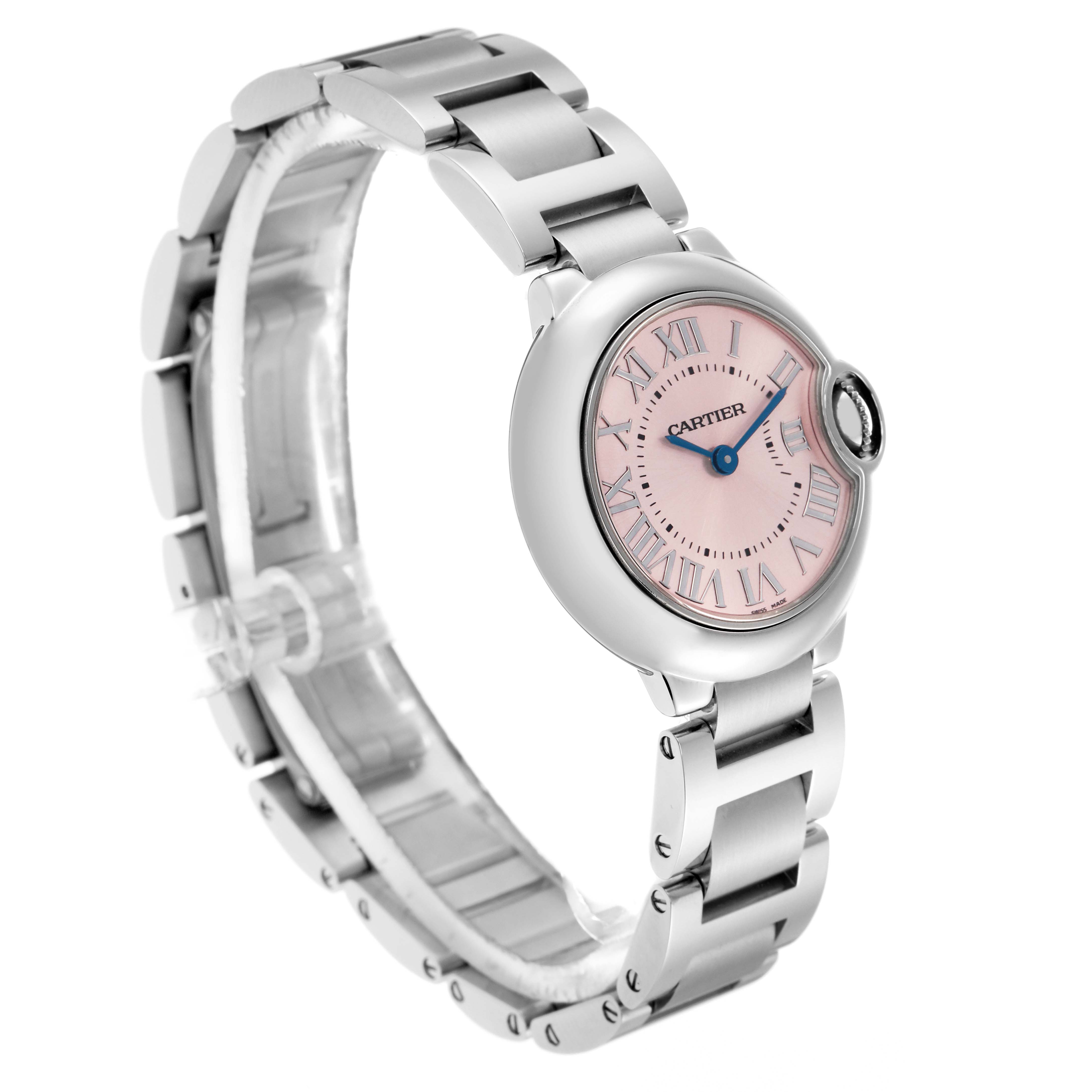 The image shows a Cartier Ballon Bleu model W6920038 watch at a three-quarter angle, highlighting the bracelet, case, and pink dial.