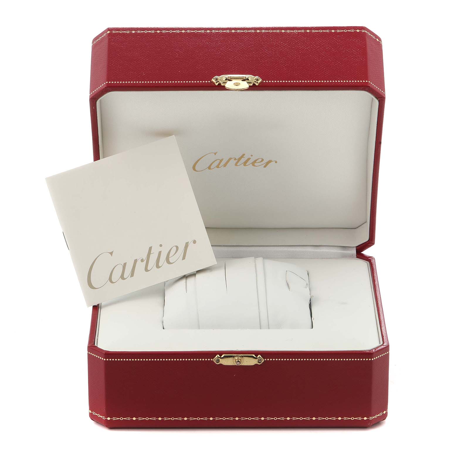 The image shows an open Cartier watch box and manual for a Ballon Bleu model, model number W6920038, without the watch displayed inside.