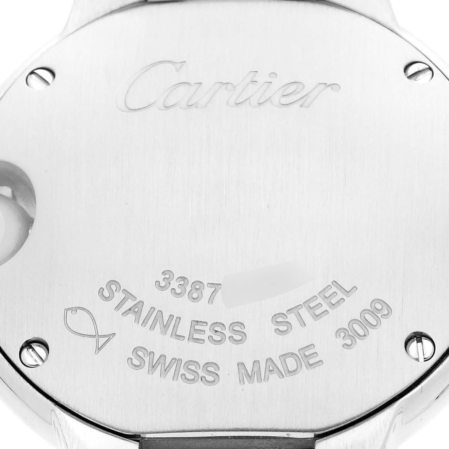 The image shows the back casing of a Cartier Ballon Bleu model W6920038 men's watch, focusing on the engraved details and screws.