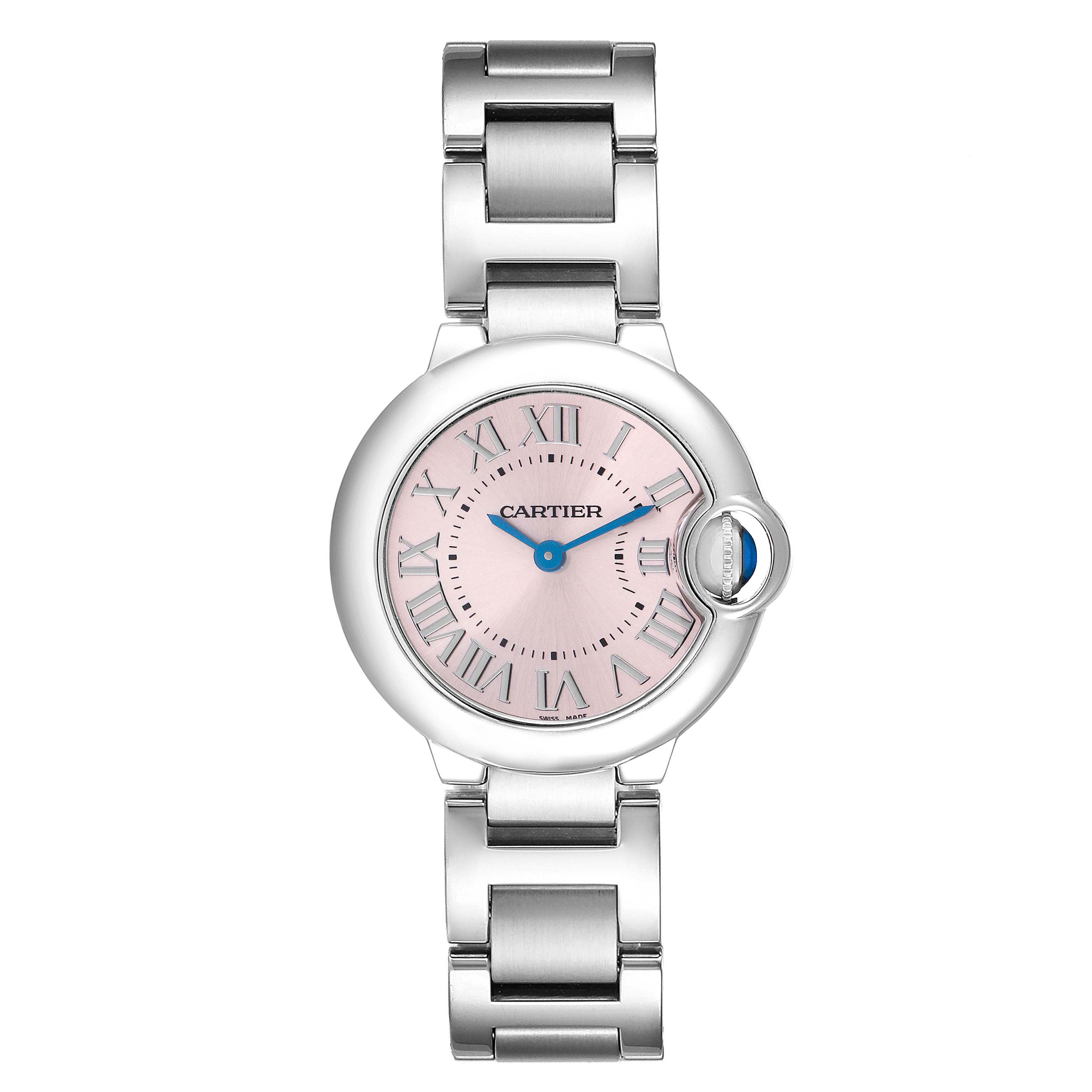 The Cartier Ballon Bleu model W6920038 is shown from a direct front angle, highlighting the face, bezel, Roman numerals, blue hands, and stainless steel bracelet.