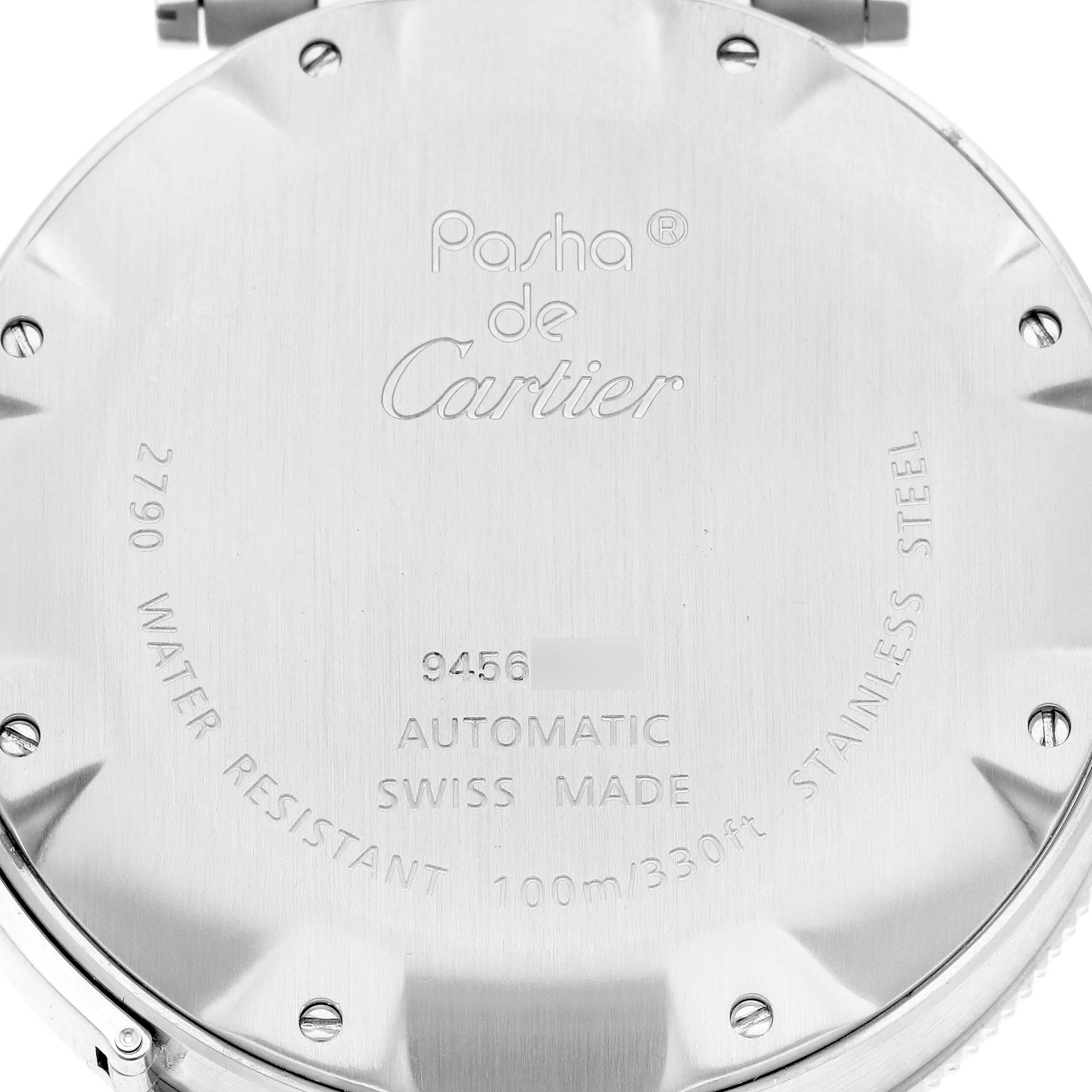 The image shows the back case of the Cartier Pasha 63058 Men
s Stainless Steel Black Dial 63058 Men
s Stainless Steel Black Dial watch, displaying engraving details and specifications.