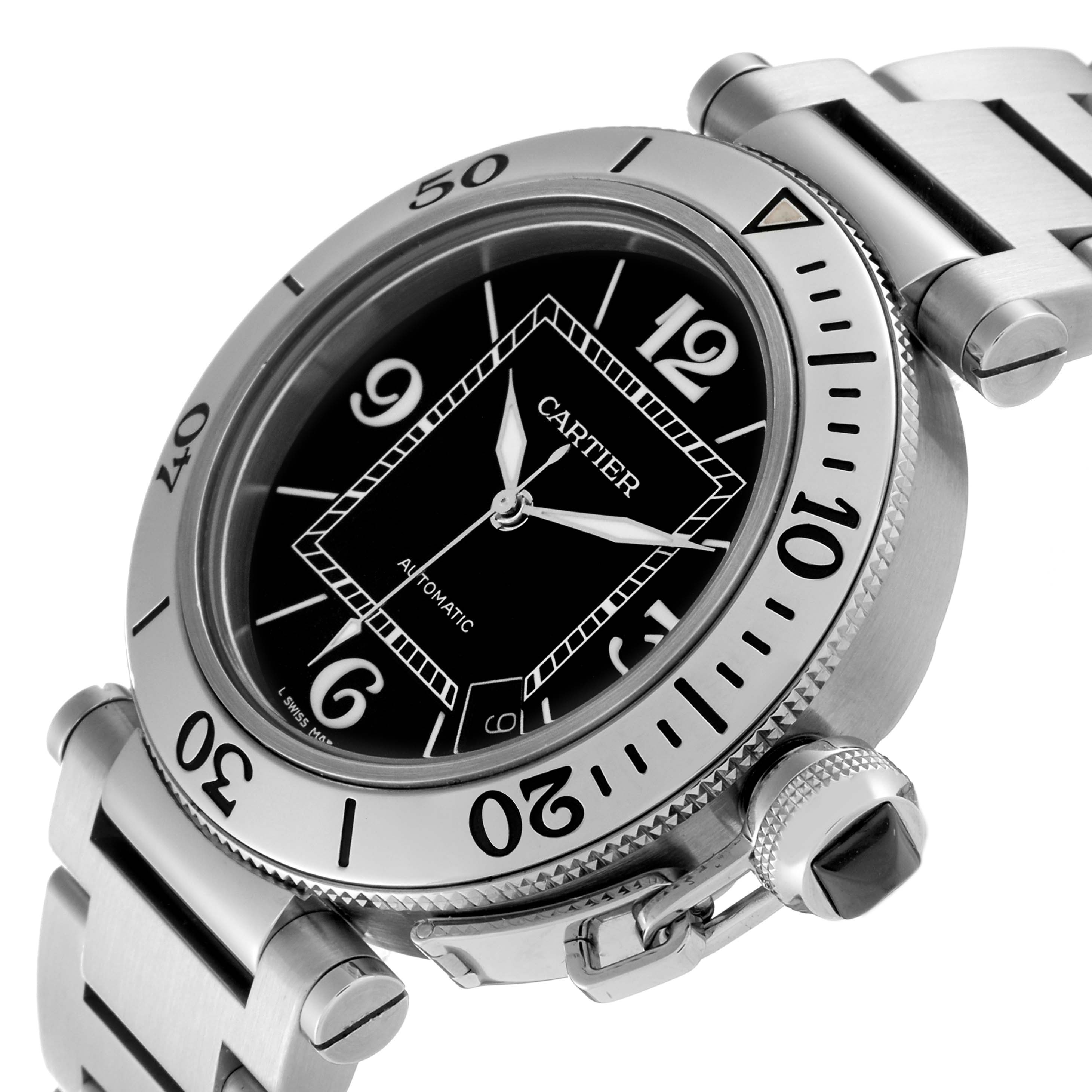 The image shows a close-up, angled view of the face, bezel, and bracelet of a Cartier Pasha 63058 Men
s Stainless Steel Black Dial 63058 Men
s Stainless Steel Black Dial watch.