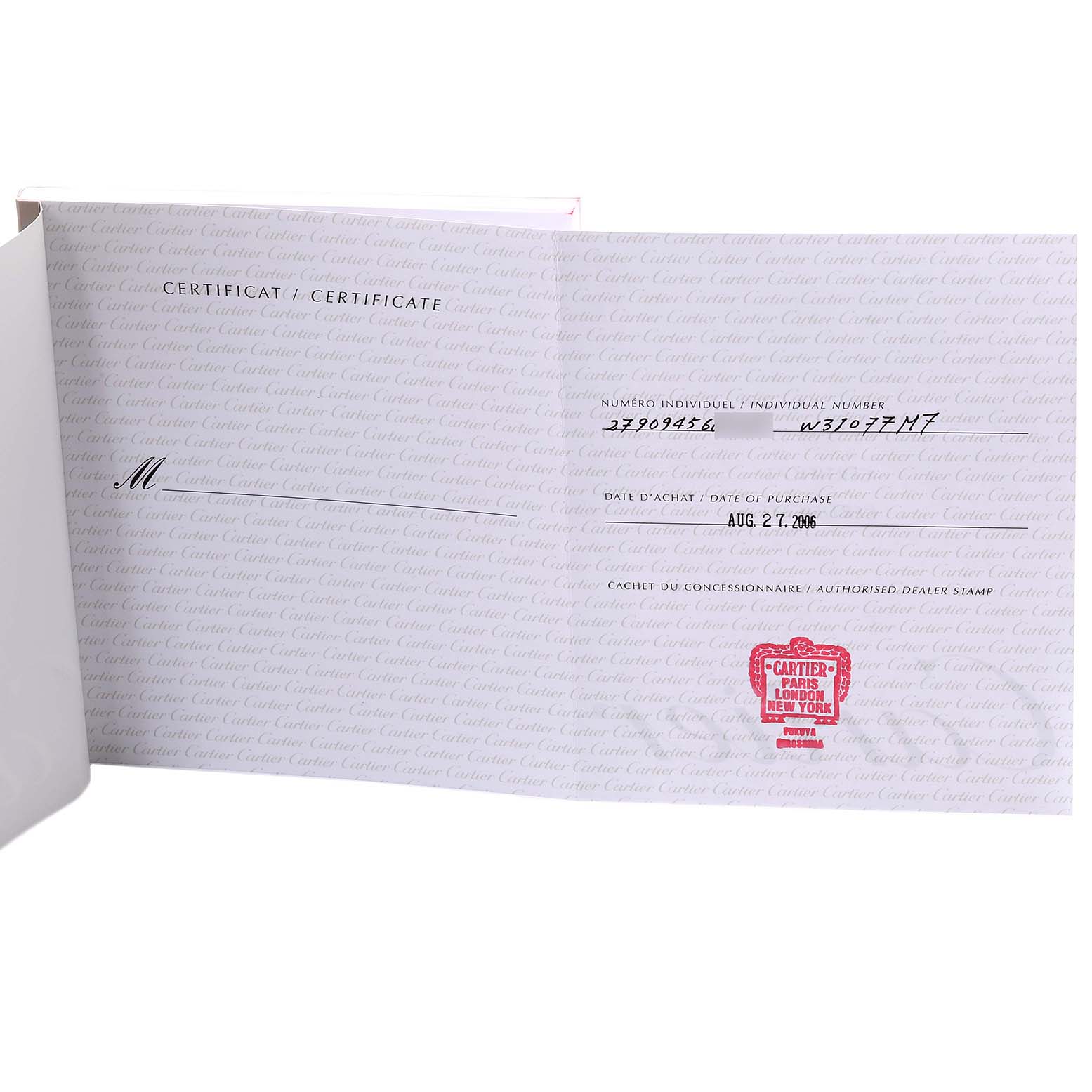 The image shows the certificate of Best Quality
ity for a Cartier Pasha 63058 Men
s Stainless Steel Black Dial 63058 Men
s Stainless Steel Black Dial watch, documenting its purchase date and individual number.