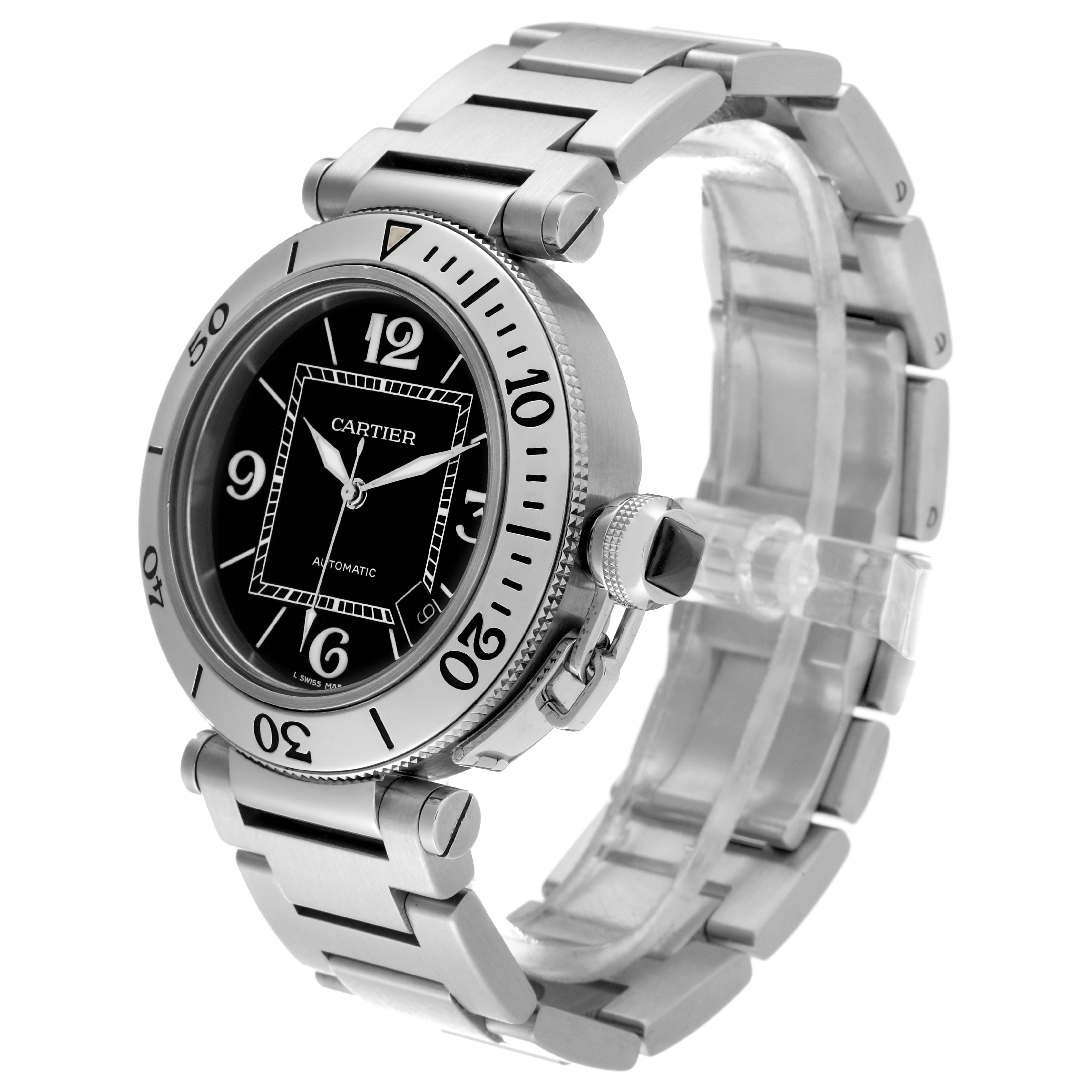 The Cartier Pasha 63058 Men
s Stainless Steel Black Dial 63058 Men
s Stainless Steel Black Dial watch is shown at a three-quarter angle, displaying the dial, bezel, crown, and the metal bracelet.