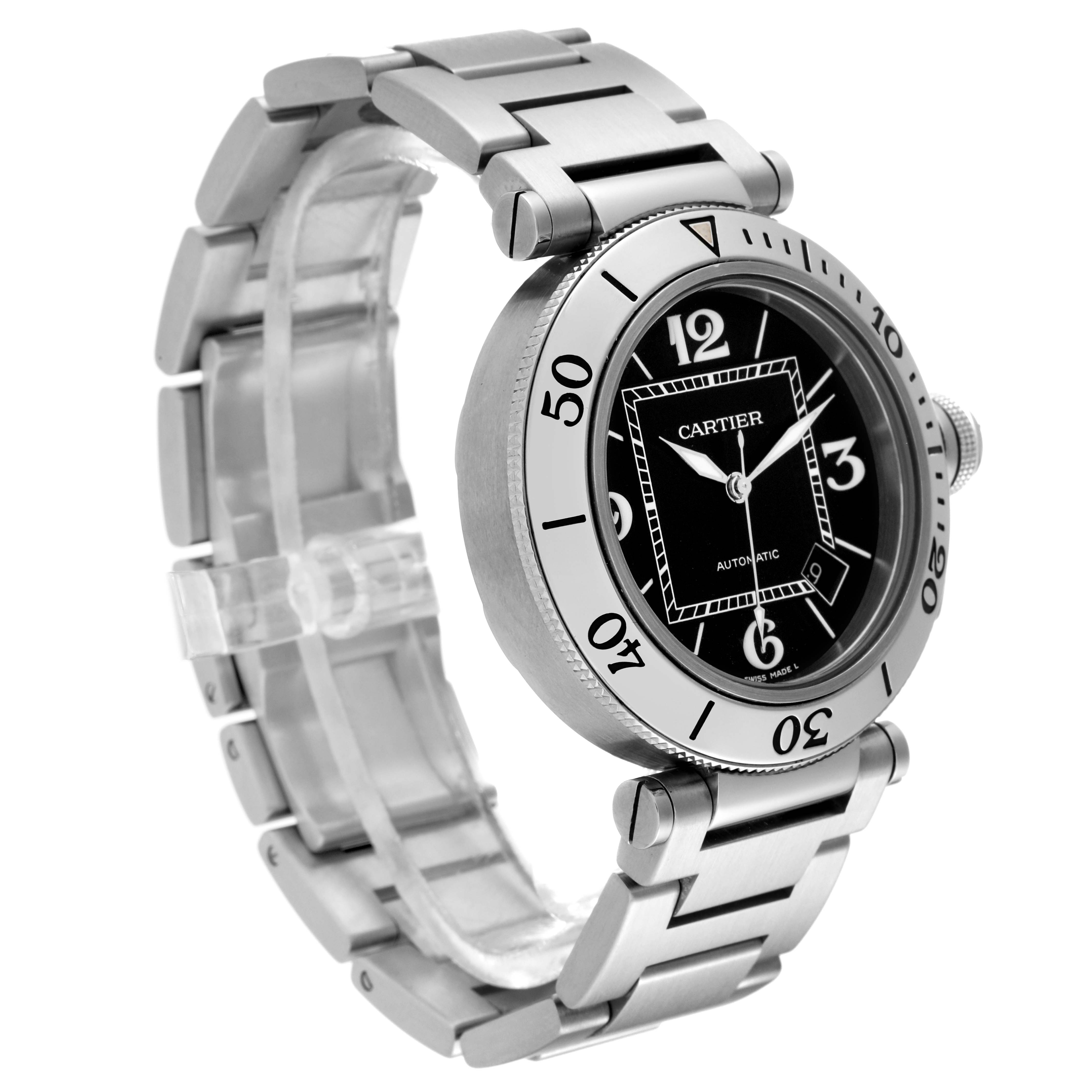 The image shows a Cartier Pasha 63058 Men
s Stainless Steel Black Dial 63058 Men
s Stainless Steel Black Dial watch at a three-quarter angle, highlighting the dial, bezel, and bracelet.