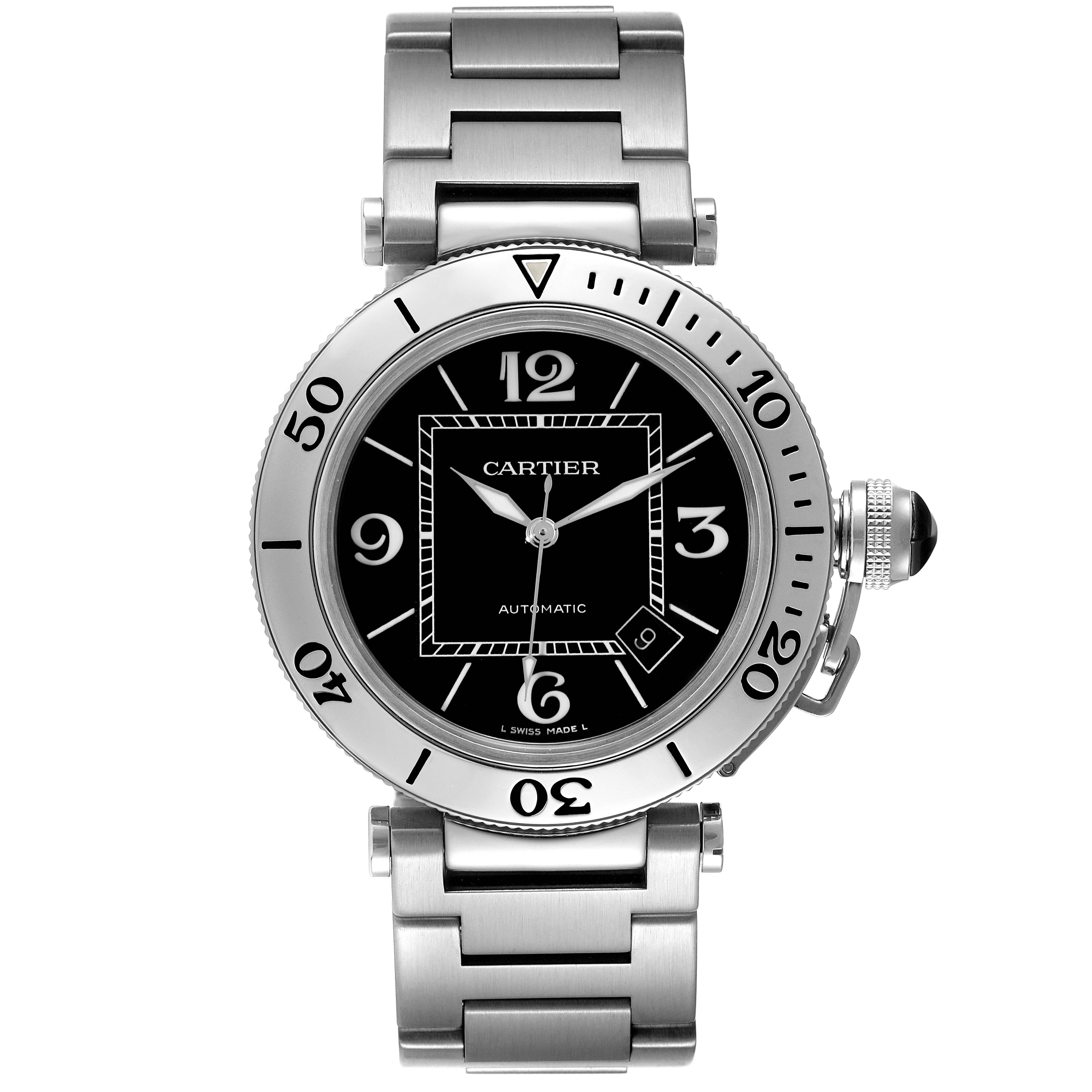 This image shows the Pasha model by Cartier from a top view, displaying the watch face, bezel, and part of the metal bracelet.